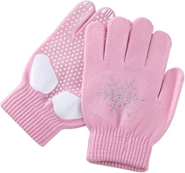 Figure Skating Gloves Ice Skating Gloves for Kids Non Slip Thick Knitted Figure Skating Gloves with Rhinestone Snowflakes Warm Winter Ice Skating Accessories,M