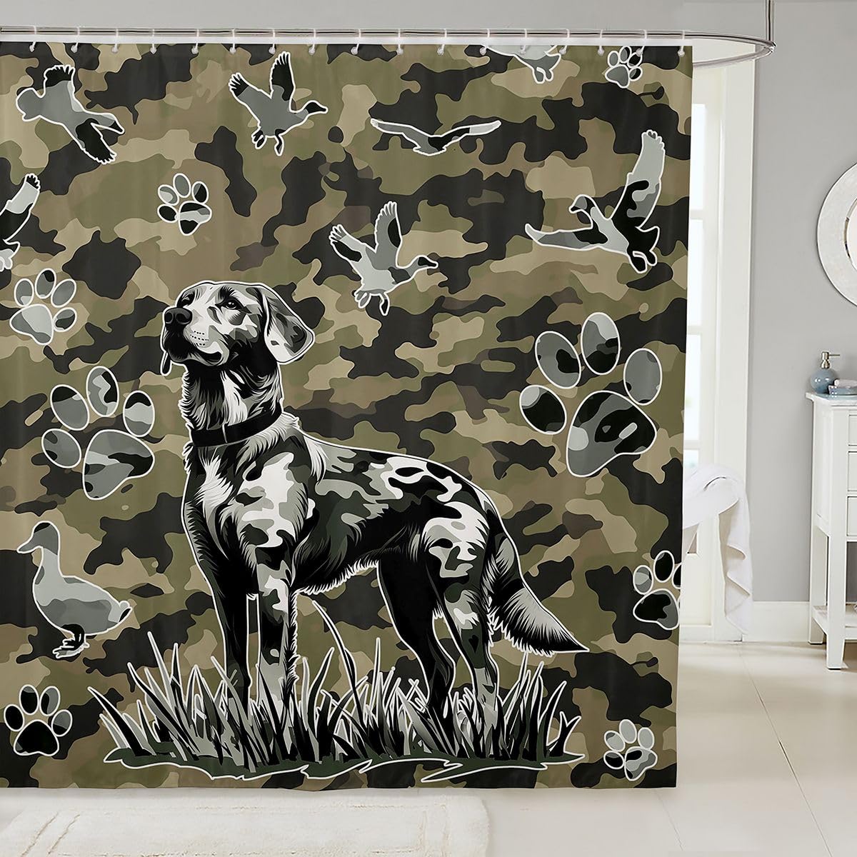 Rideau douche 180x200cm chien de chasse motif vert abstrait