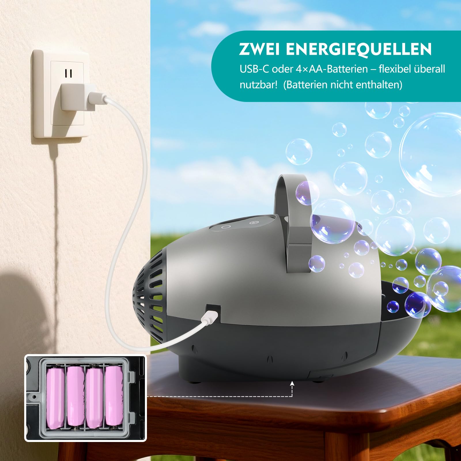 Máquina de pompas de jabón – 20.000+ pompas/min, USB C/batería, 350 ml, 3 tamaños de burbujas, 2 velocidades, portátil con mango extensible — view 4