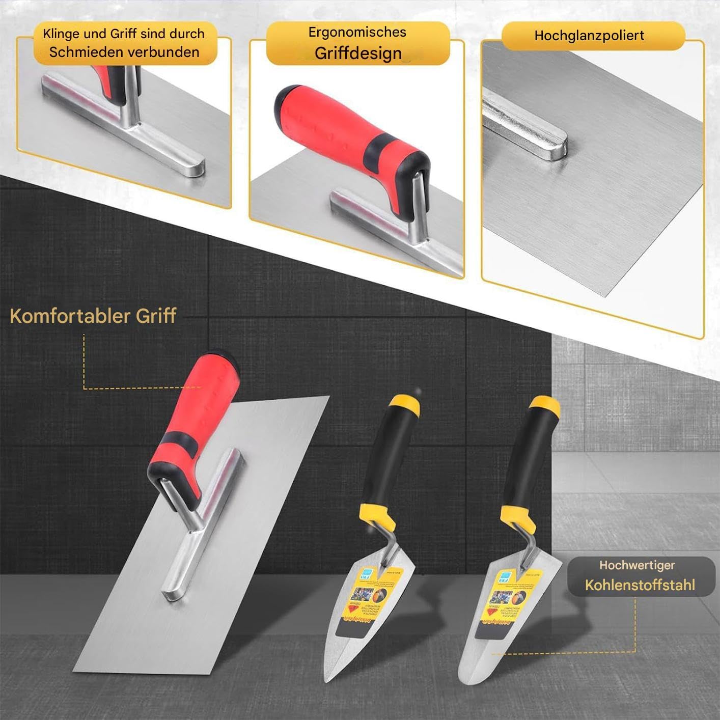 Lot de 3 truelles de maçonnerie - Outils ergonomiques en acier durable - Réparation de construction - Plâtre brique - Mortier - Remplissage de carrelage - Lissage de bâtiments - Paysage - Équipement