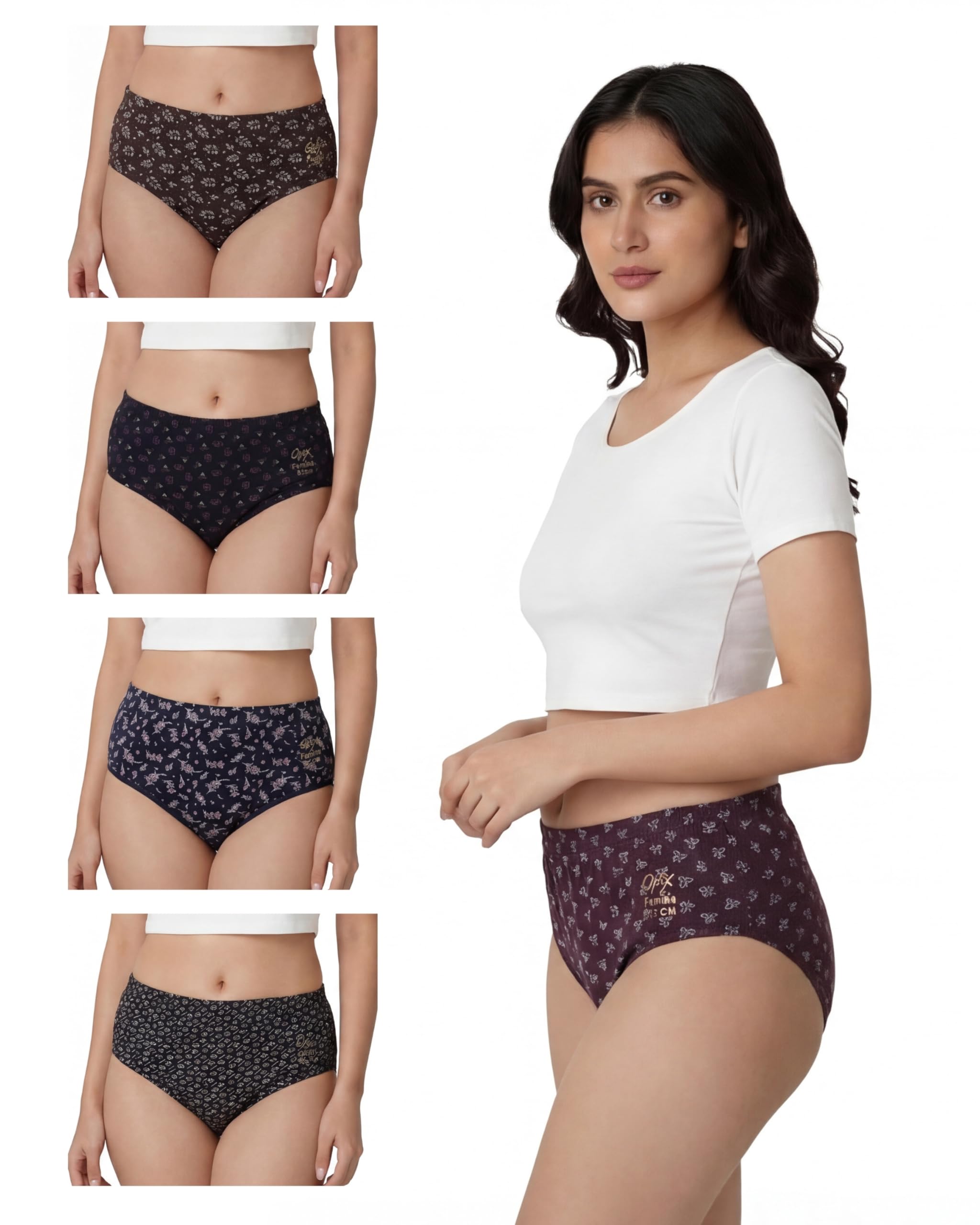 opex Women's Cotton Printed Femina Panty | Soft Breathable Mid Waist Full Coverage with Leg Elastic | Comfortable Everyday Innerwear Combo Briefs (Pack of 5, Assorted Prints & Colors)-picture-22