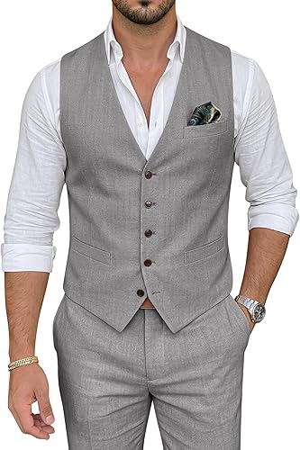 ZKHOECR Men's Suit Grey Linen Vest Pant Set Slim Fit 2 Piece Wedding Tuxedo Suit