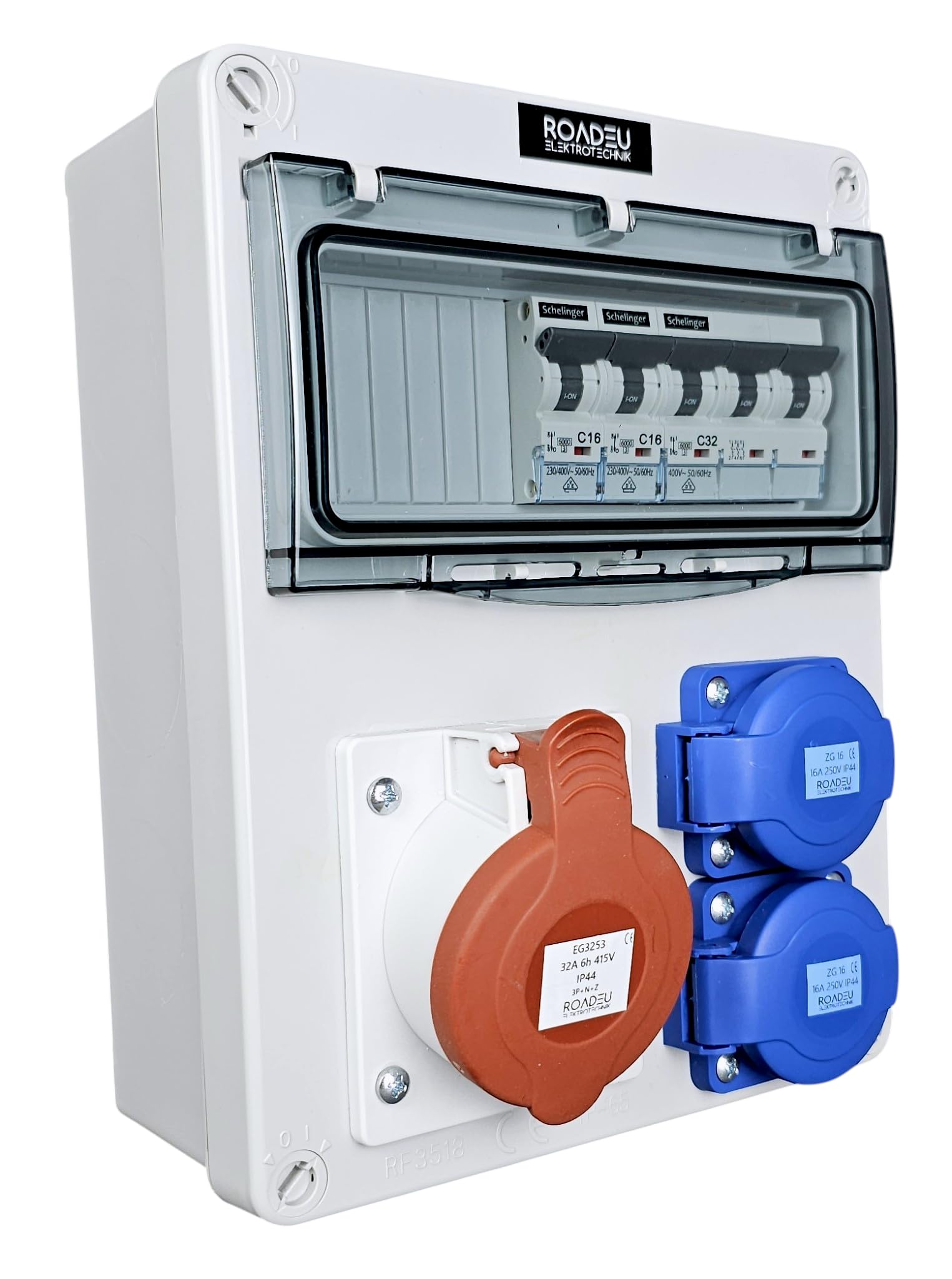 RoadEu Cuadro CEE 400V IP44 con CEE 32A y 2 tomas Schuko | Magnetotérmicos C32A 3P y C16A 1P VDE, cableado 6 mm² / 2,5 mm², precableado