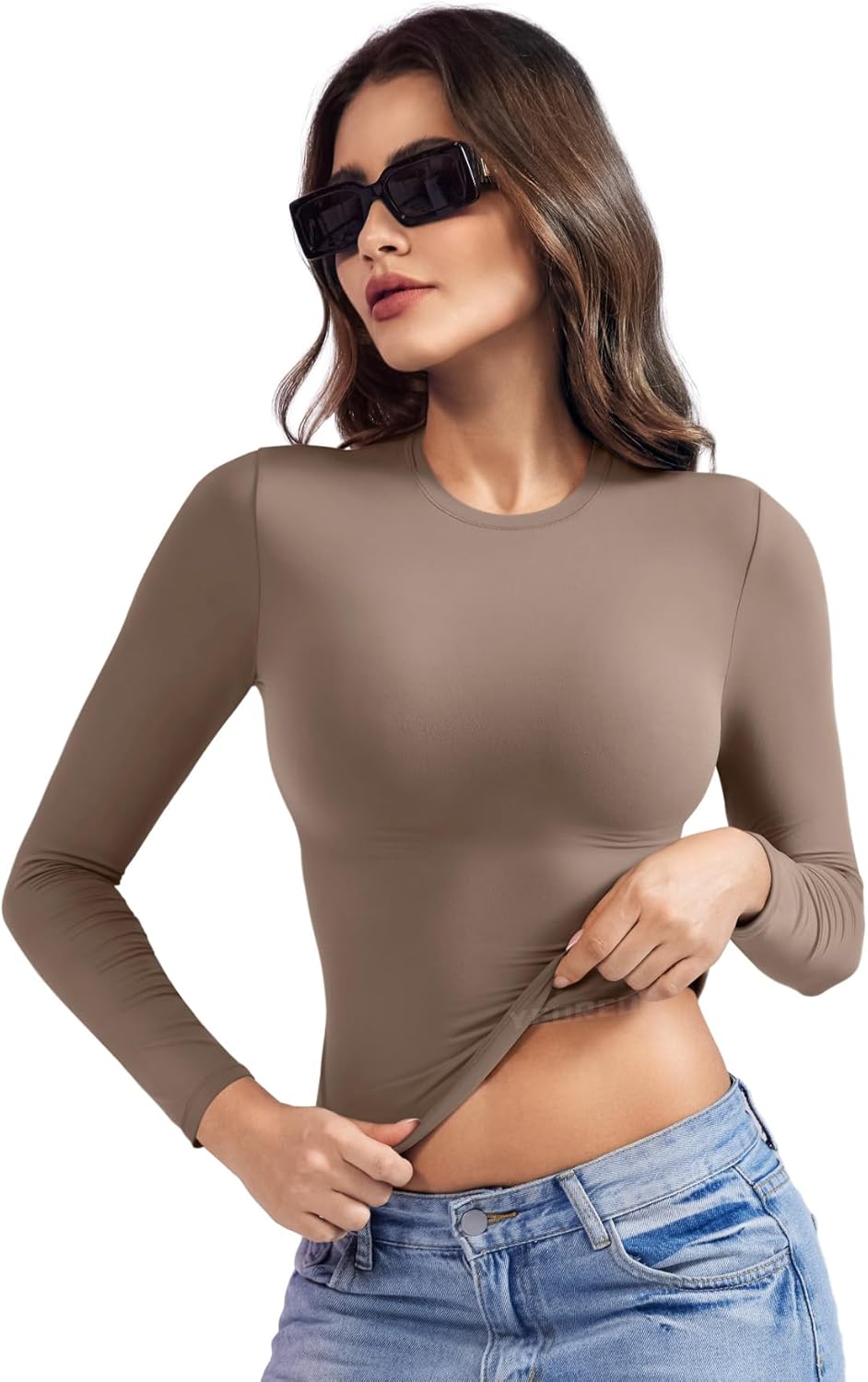 YEOREO Long Sleeve Shirts for Women y2k Tops Double Lined Basic Tee Crew Neck Going Out Sweeney Workout Undershirt - Image 6