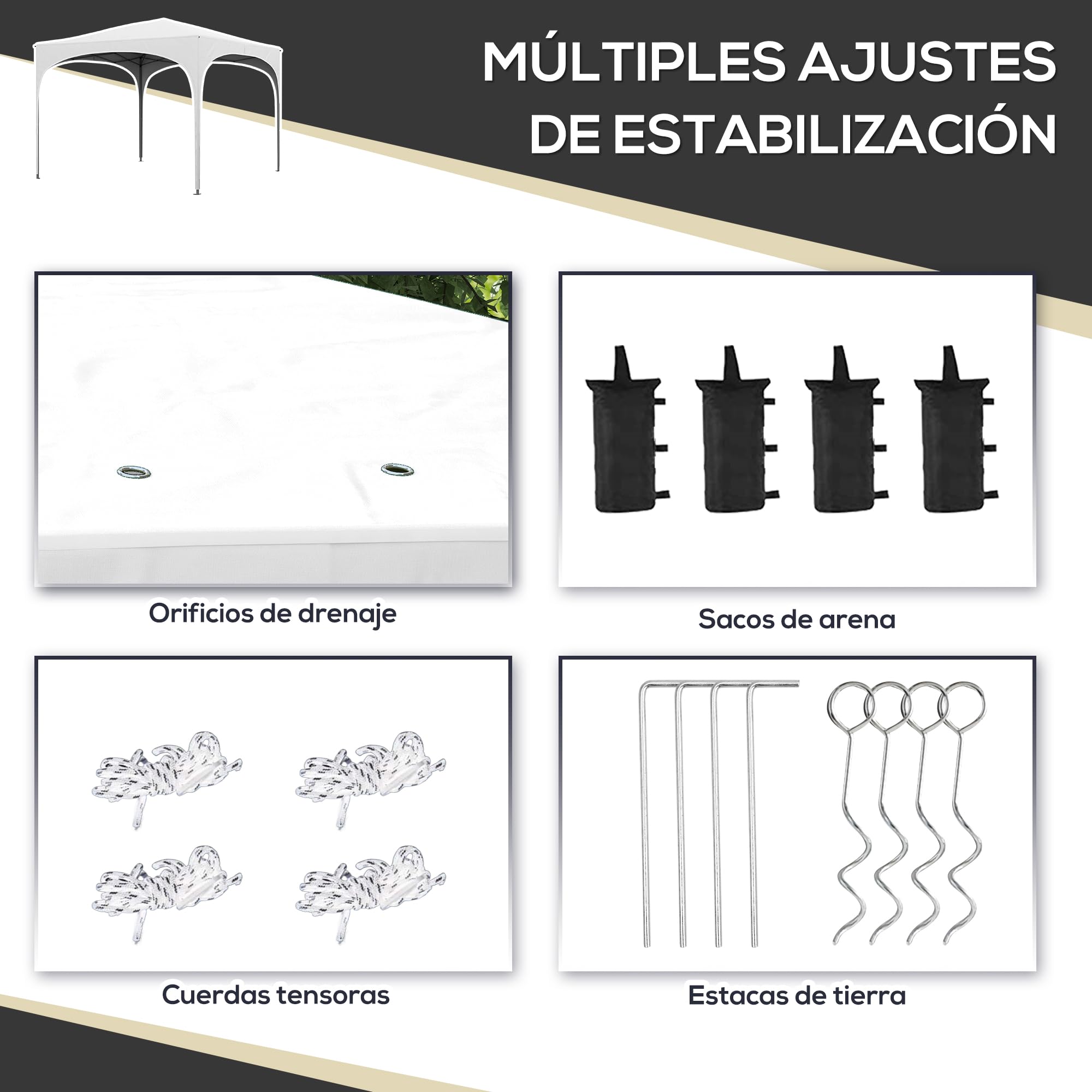 Outsunny Carpa Plegable 3x3 m Cenador de Jardín Altura Ajustable con Bolsa de Transporte Impermeable Anti-UV y Bolsas de Arena Gazebo para Exteriores Jardín Patio Blanco