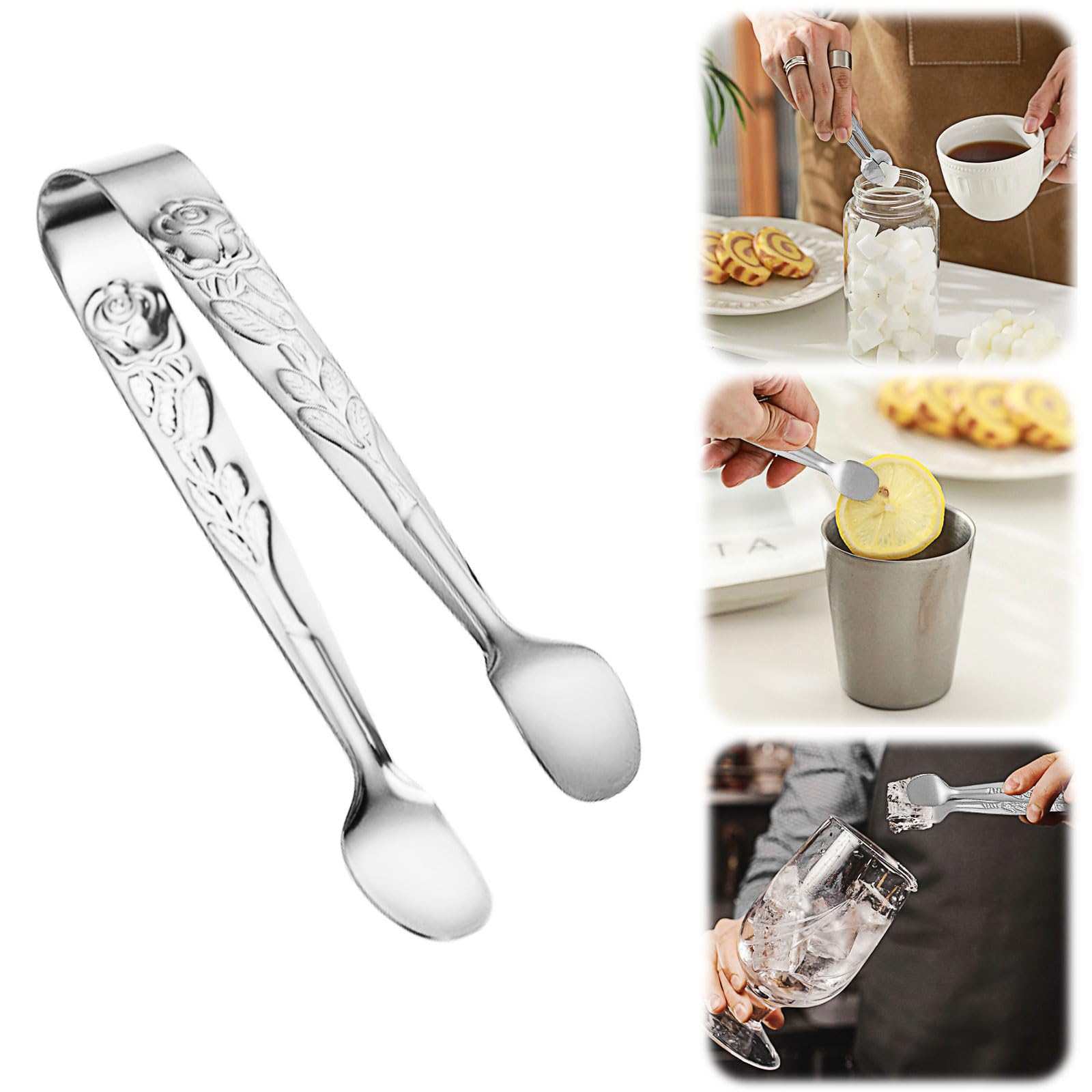 4.33 Inch Stainless Steel Ice Tongs for Ice Bucket，Metal Sugar Cube Mini Tongs，Set of 3 (Silver-A)