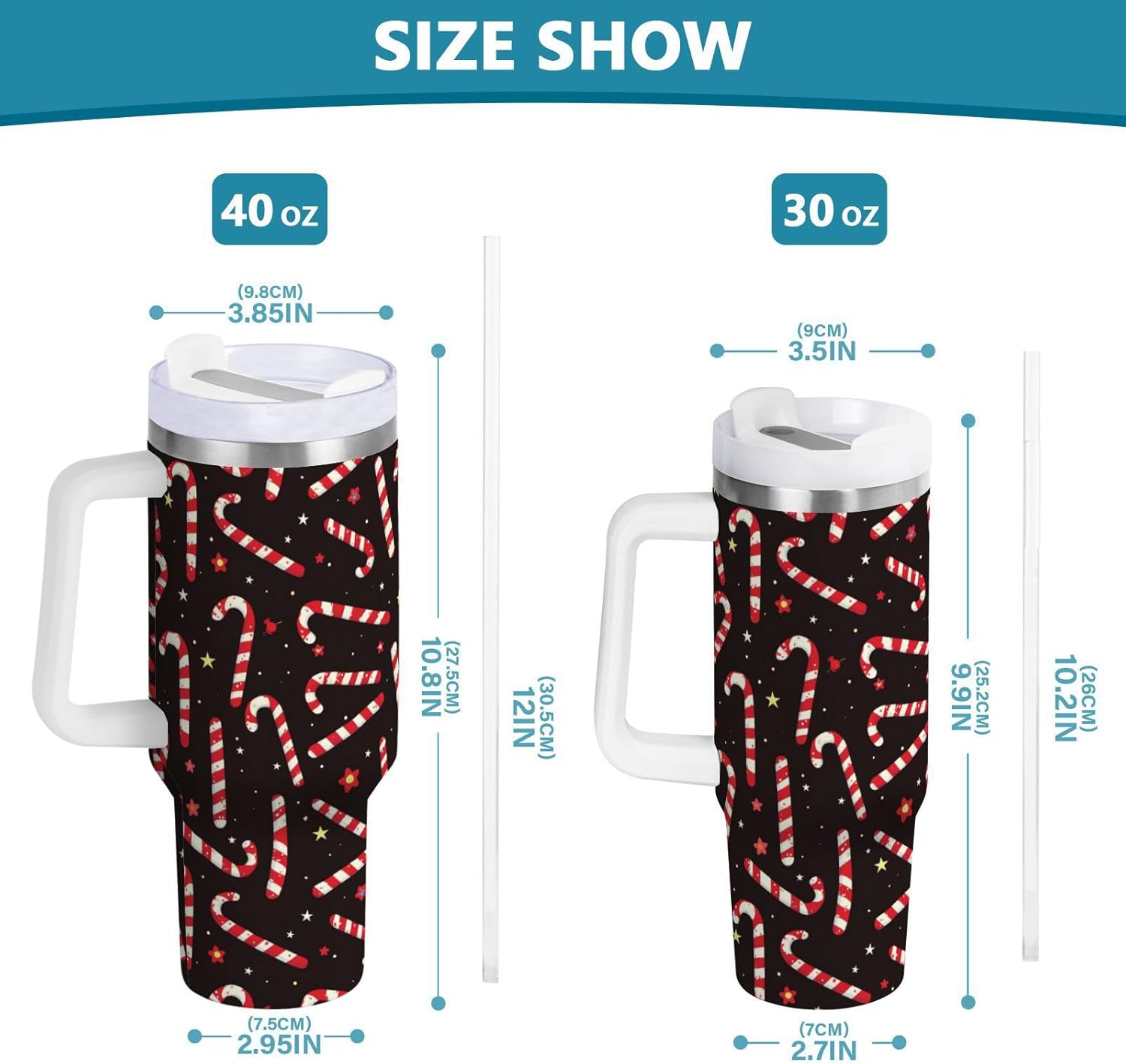 Wfrish Tumbler with Handle and Straw Lid,Candy Cane Christmas Black 30 oz Insulated Coffee Cup Stainless Steel Water Bottle Travel Mug Cupholder Friendly,Gifts for Women Men - Image 3