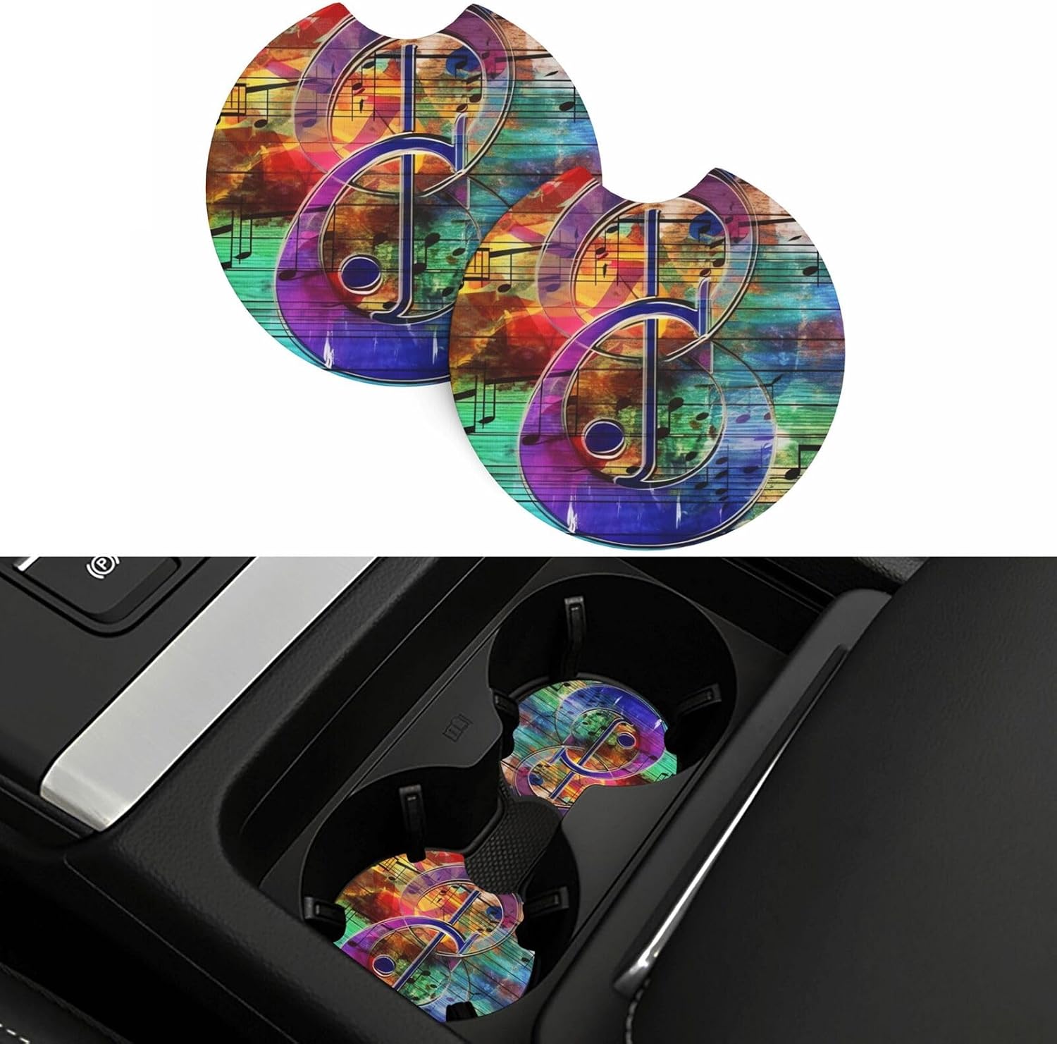 Car Coasters 2 Pack Music Note Colorful Wooden Car Cup Holder Coasters Absorbent Insert Cup Pads with A Finger Notch Non-Slip Drink Coasters Mats Universal Car Interior Accessories for Most Vehicle