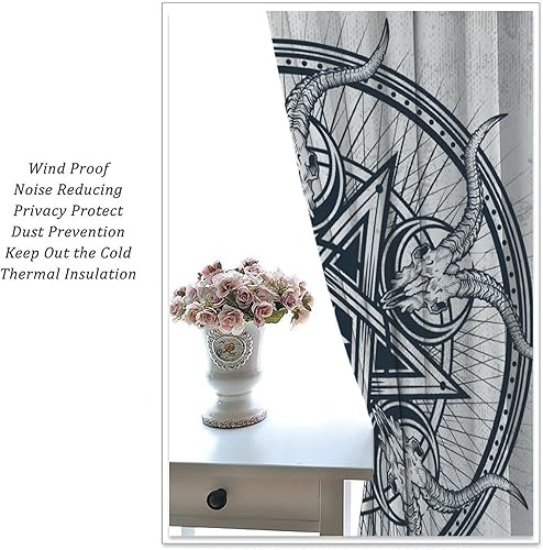 Vista 287 de Cortinas de cabeza de cabra, misteriosa cabeza de cabra malvada, calavera negra, bolsillo para barra, cortinas opacas para ventana, juego de 2