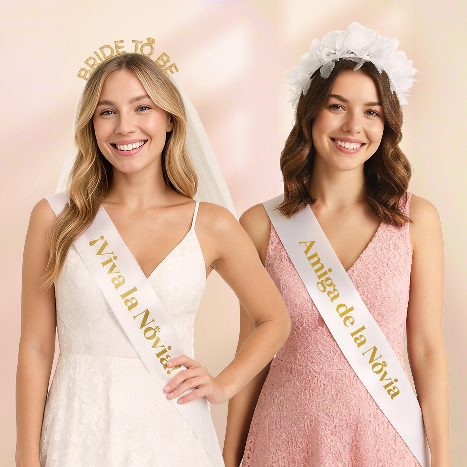 OH YEAH - Kit Despedida de Soltera Novia y Amigas - Bandas y Diademas - Accesorios Despedida Soltera - Team Bride - Diadema Bride To Be con Velo - Diademas Flores Blancas (Blanco, Novia + 6 amigas)
