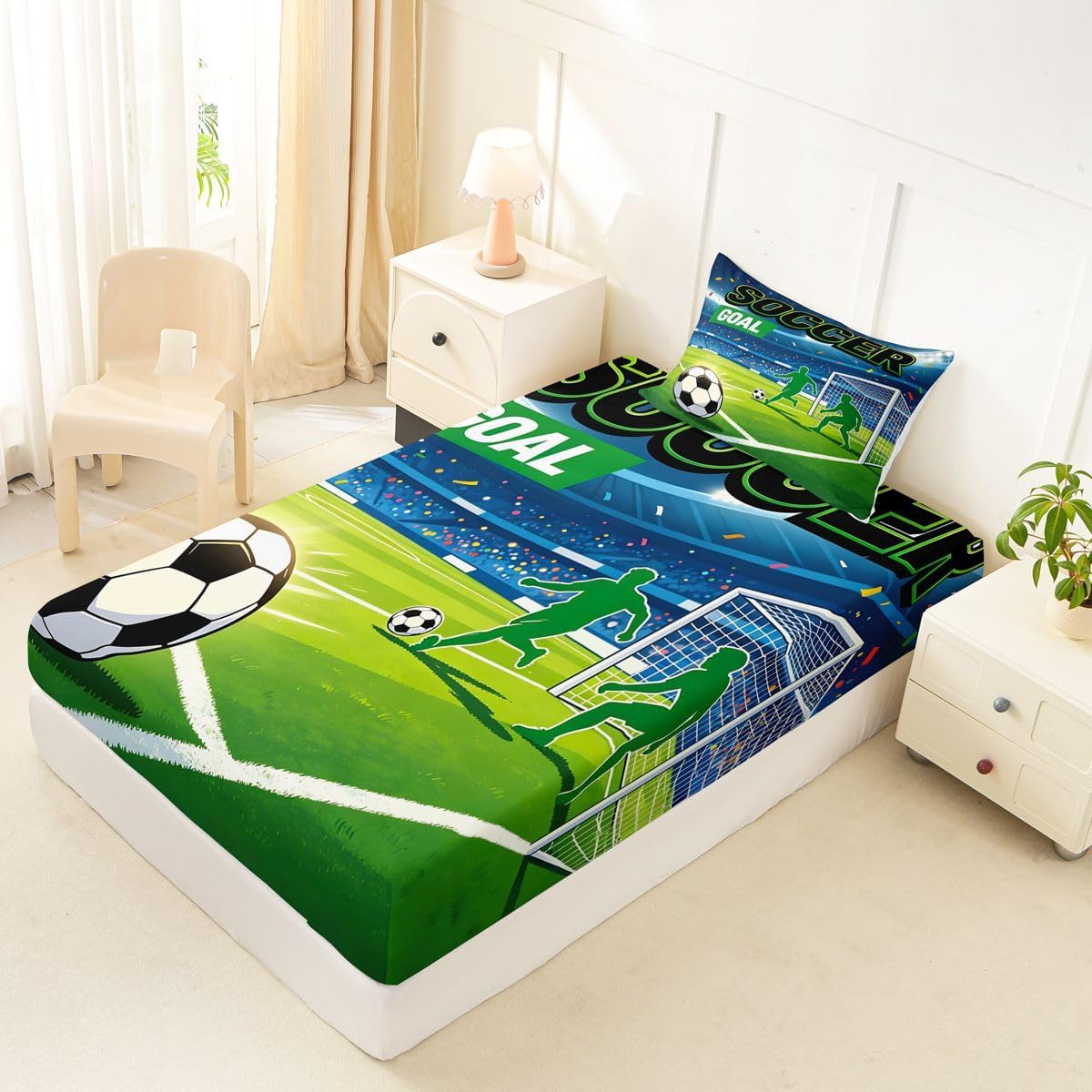 Erosebridal Soccer Ball Bedding Set Twin Boys Football Fitted Sheet Sports Ball Game Bed Sheets for Kids Boys Girls,Athlete Silhouette Green Court Bed Cover 2 Pcs