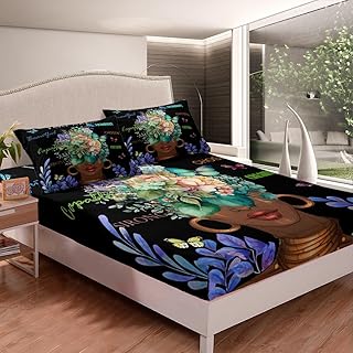 African Girls Fitted Sheet Full Size,African American Inspirational Quotes Bedding Set for Kids Girls Women Room Decor Watercolor Flowers Butterfly Bed Sheet Black Fashion Deep Packet Sheet 3Pcs
