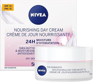 NIVEA Nourishing Day Cream with SPF 15, 24H Moisture, 50ml | Moisturizer for Dry Skin with Shea Butter