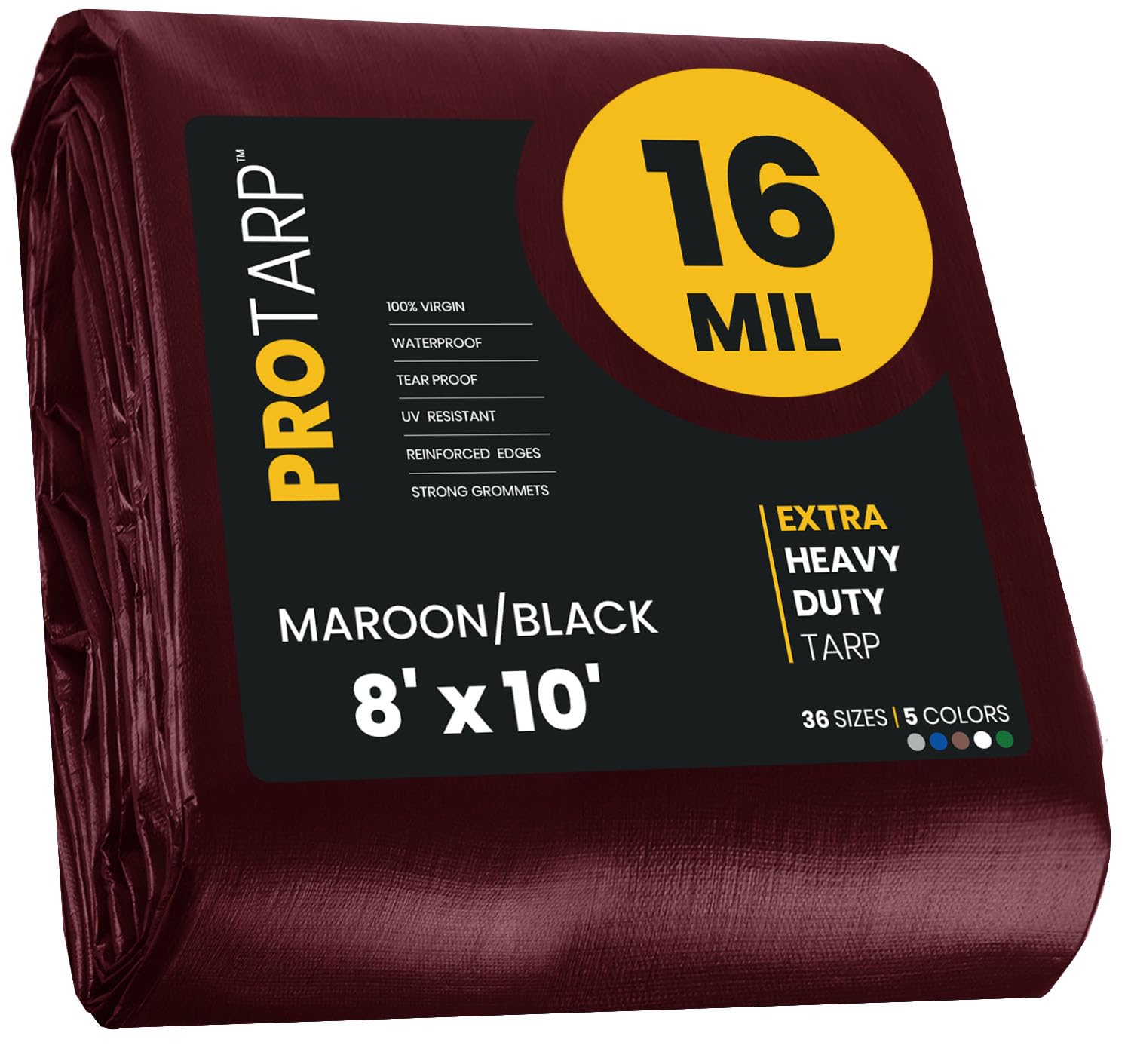 Extra Heavy Duty 16 Mil Tarp Cover, Waterproof, UV Resistant, Rip and Tear Proof, Poly Tarpaulin with Reinforced Edges for Roof, Camping, Patio, Pool, Boat. (Maroon/Black 8′ X 10′)
