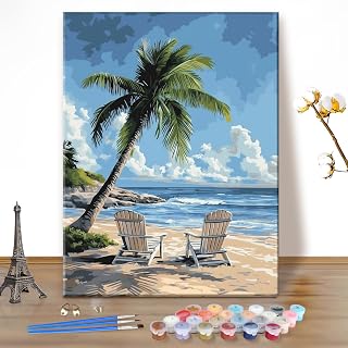 EOBROMD Paint by Numbers Kits for Adults Sunny Beach Palm, DIY Kits Crafts for Beginner, Painting Kits Adults, Oil Paint by Numbers for Home Decor Gift 16x20inch(Without Frame)