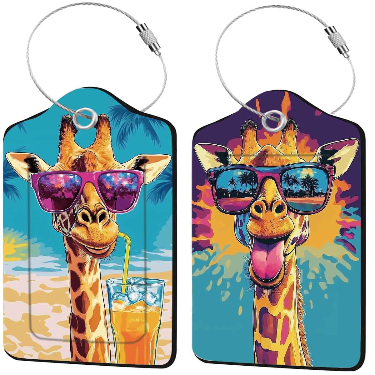 2 Pack Colorful Giraffe Luggage Tags for Suitcase, Leather Luggage Tags Cute, Privacy Cover ID Label with Stainless Steel Loop & Address Card, Giraffe