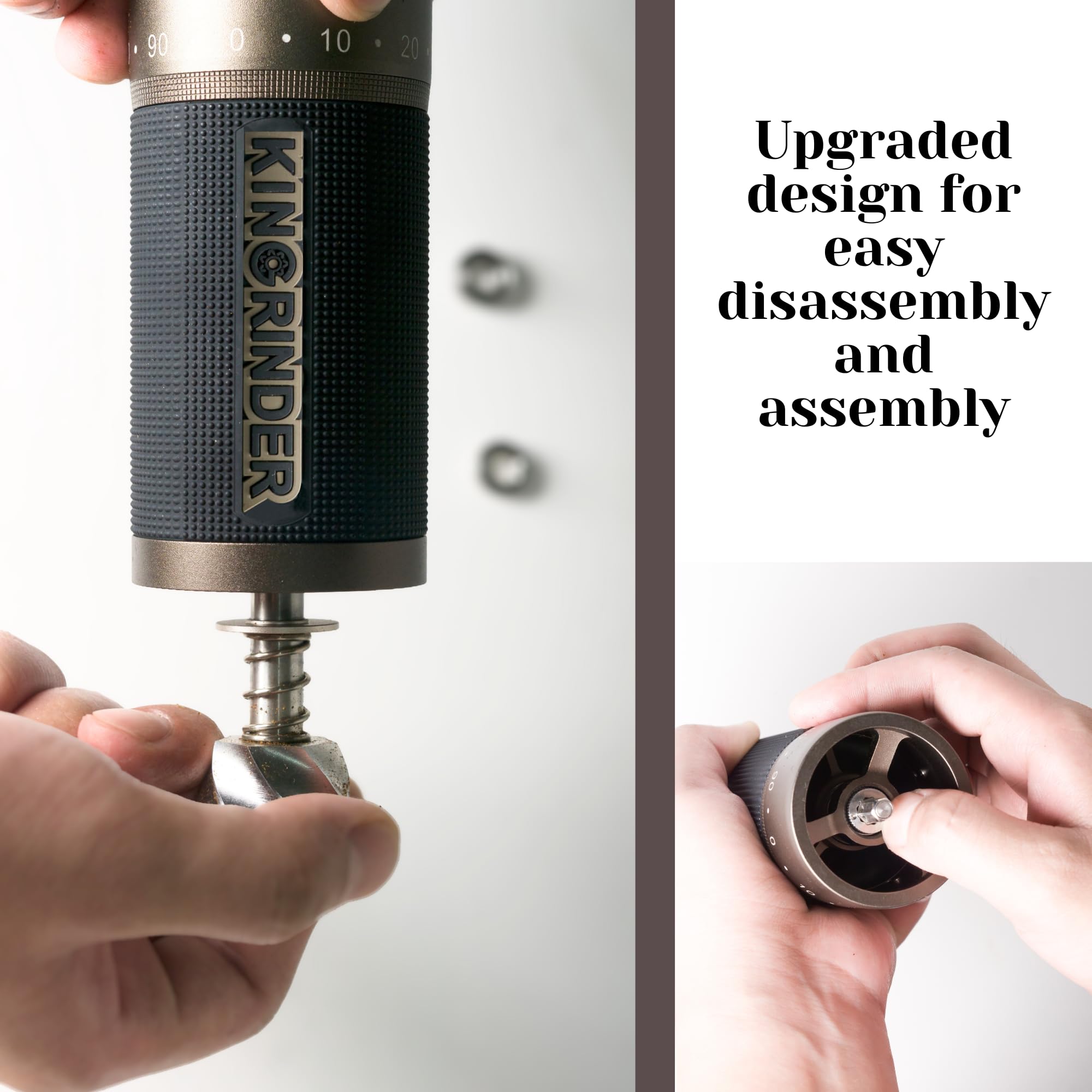 KINGrinder K7 - Macinino da caffè a mano con manico curvo, contenitore magnetico a polvere e clip, meccanismo professionale a 7 bordi in acciaio inox, capacità 30-35 g