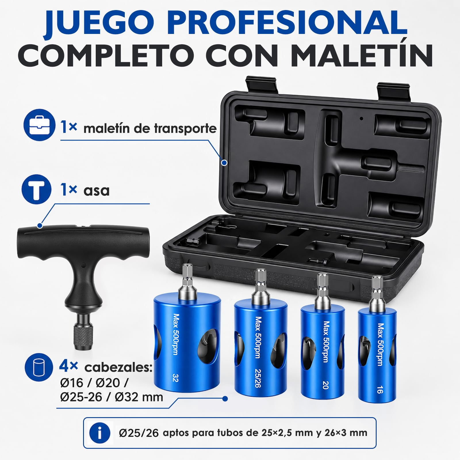 Kit Pro Escariador, Abocardador y Calibrador Multicapa Ø16-20-25/26-32 mm, Desbarbador para Taladro con 4 Cabezales, Mango y Maletín PEX PER