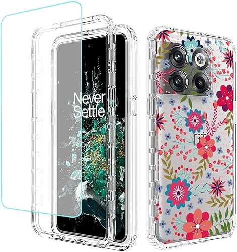 Funda para OnePlus 10T 5GOnePlus Ace Pro, CPH2415 con protector de pantalla de vidrio templado, funda protectora de TPU transparente floral a prueba