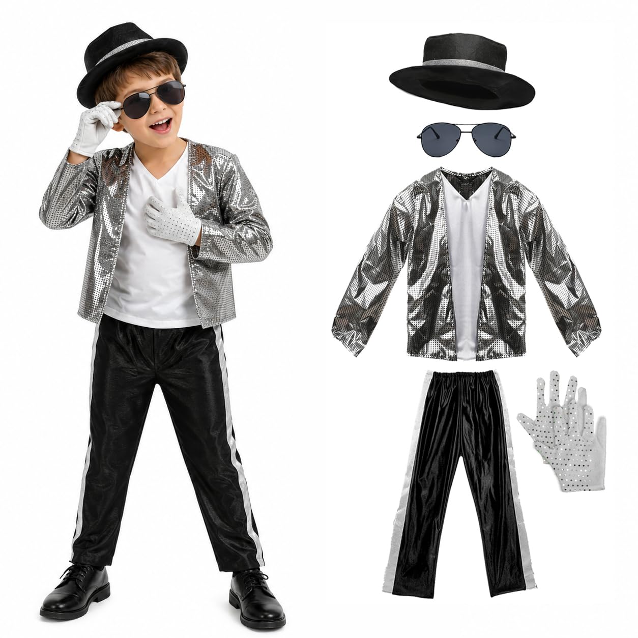 shyhand 5PCS Kids Boys Dancer Sequin Costumes, Childrens 80s Star Outfit with Jacket Glove Hat Trousers, Fancy Halloween Dress Up (Silver, Medium)