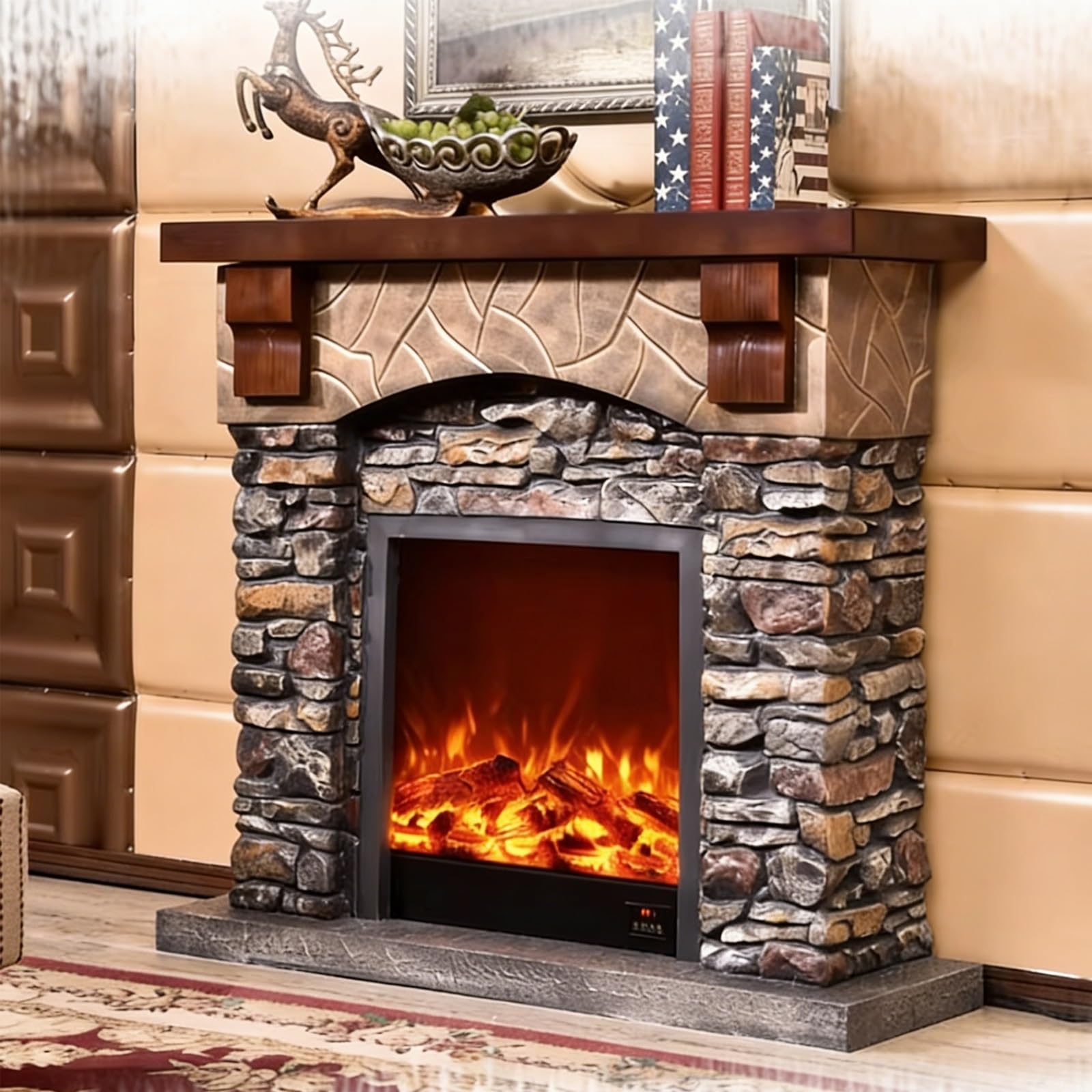 Al coperto Camino in finta pietra con mensola freestanding rustico