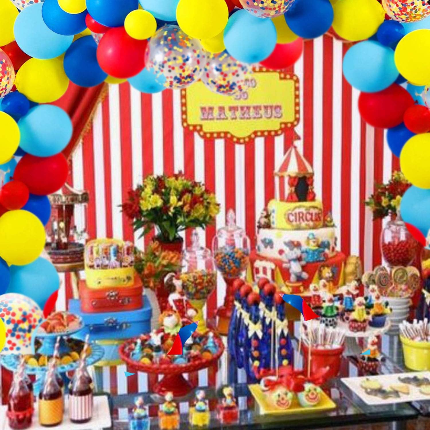 Carnival Circus Balloon Arch and Garland Kit, 103 Pack Red Blue Yellow Latex Balloons and Rainbow Multicolor Pre-Filled Confetti Balloon for Carnival Baby Shower Wedding Birthday Graduation Anniversary Bachelorette Party Background Decorations