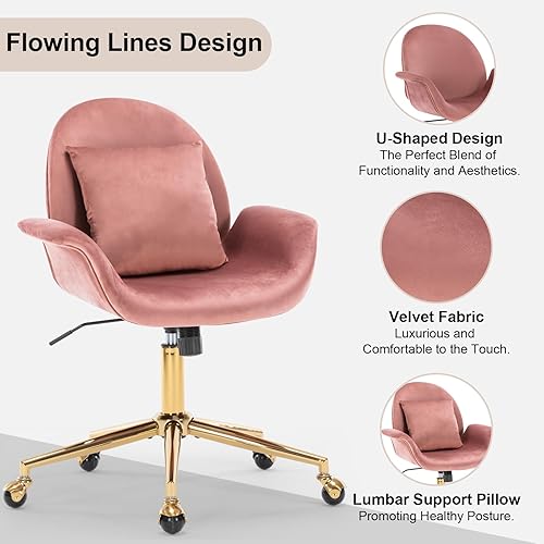 Miniatura 3 de Silla de oficina en casa, moderna silla de escritorio de terciopelo giratoria con almohada, silla decorativa tapizada con base dorada para niñas y