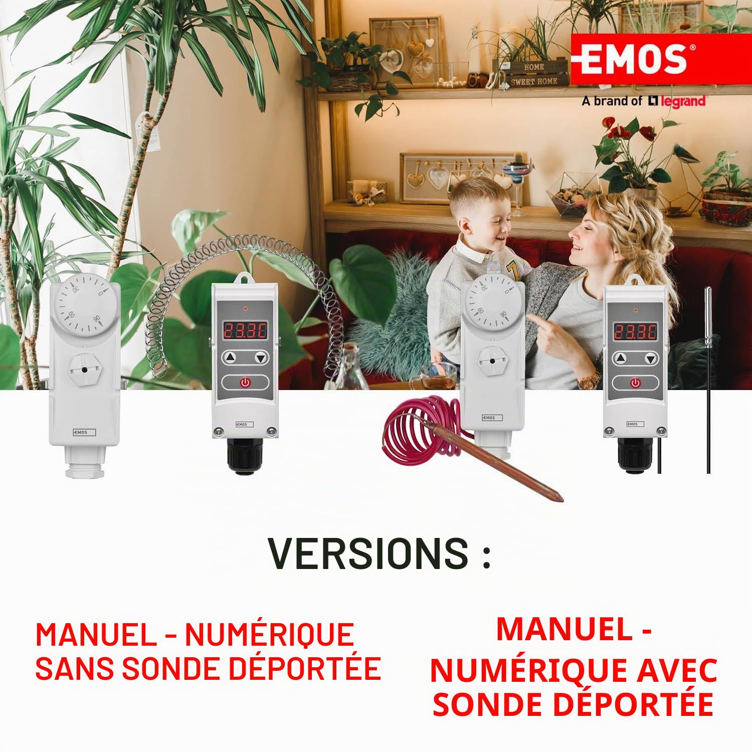 EMOS - Thermostat d'applique numérique avec sonde à Distance et sensibilité de Commutation réglable - Manuel - Chauffage/climatisation - Plage température 5-90 °C - Montage en Surface - sonde