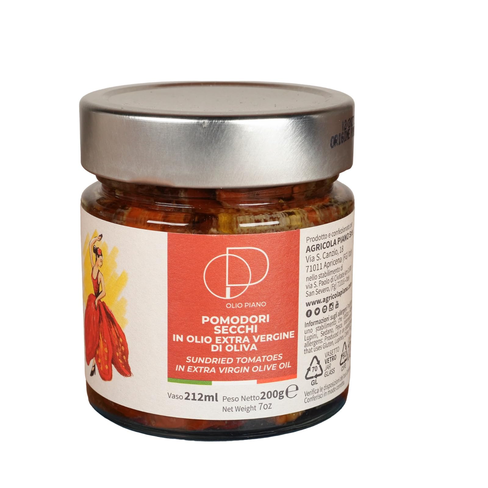 Agricola Piano - Tomates en Aceite | Tomates Secos en Aceite de Oliva Virgen Extra 212 ml – 100% Italianos, Receta Antigua – Producción Artesanal