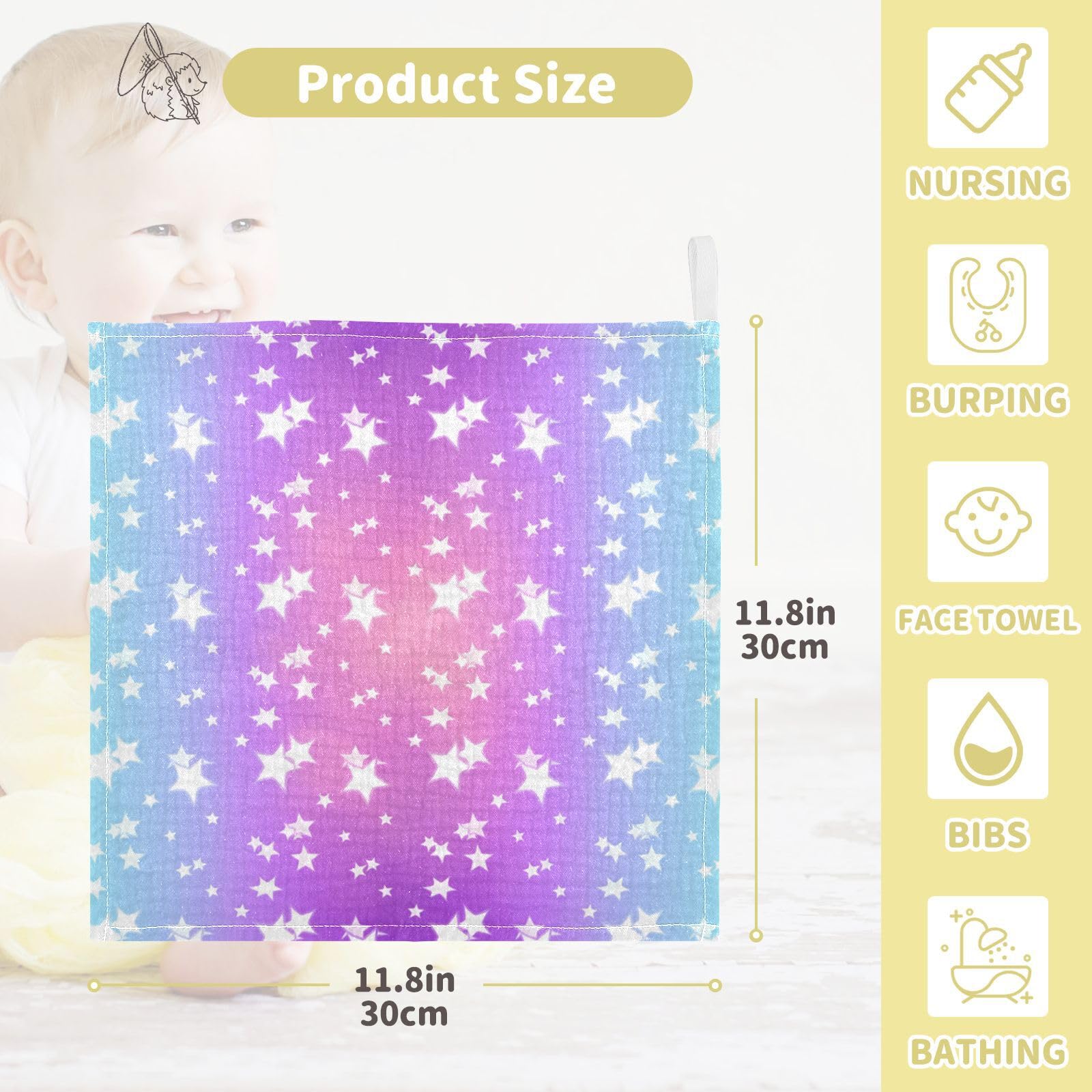 Nander 3Pack Baby Muslin Washcloths,Rainbow Stars Soft Face Cloths for Newborn, Absorbent Bath Wash Cloths, Wipes, Burp Rag,Toddlers Essentials Stuff, Baby Registry as Shower