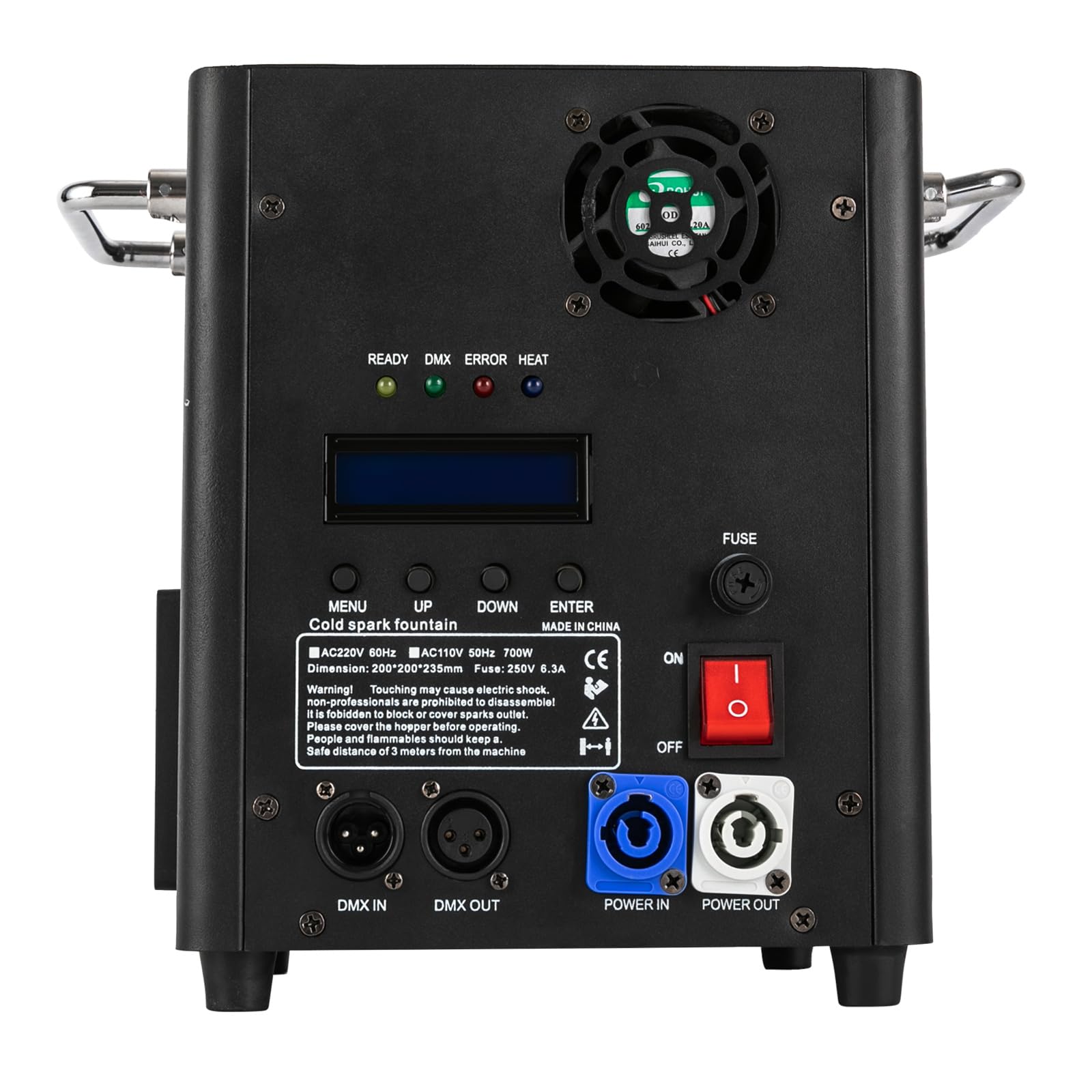 Macchina per scintille, 700 W, portatile, per palcoscenico, effetto speciale, altezza di iniezione regolabile, quattro spie di controllo, telecomando o DMX