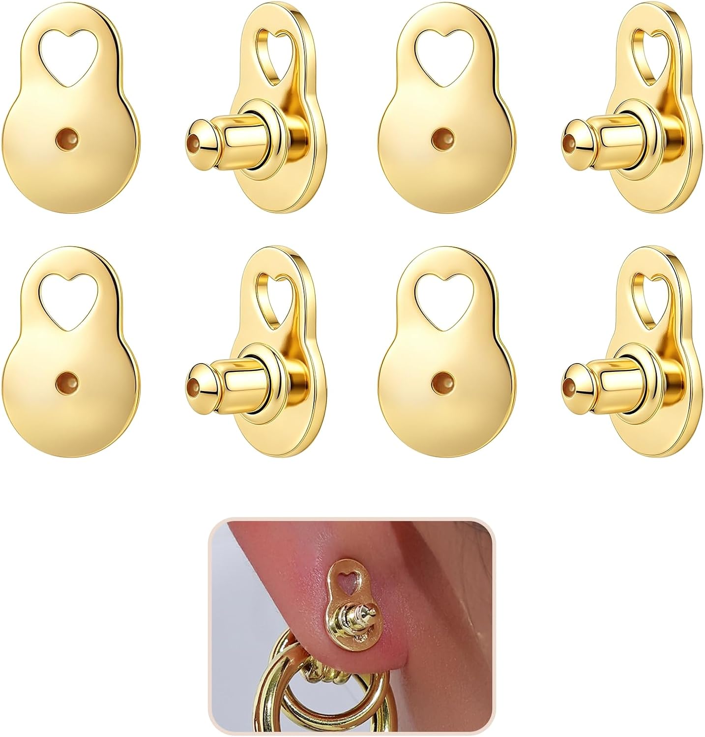 8PCS 14K Gold Earring Backs for Droopy Ears Hypoallergenic Adjustable Heavy Heart-Shaped Hole Earrings Lifters Backs
