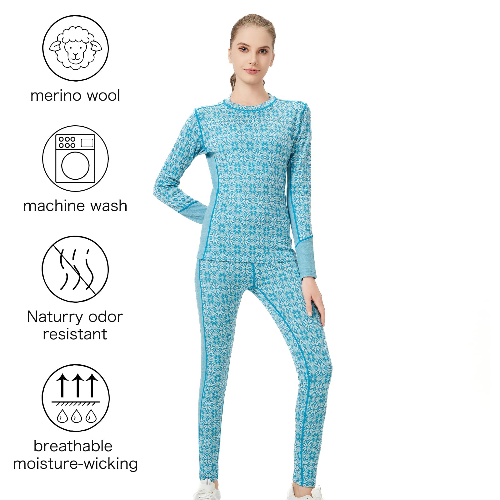 gyprprer Merino Wool Base Layer Set for Women 100% Merino Wool Thermal Underwear Set blue xl