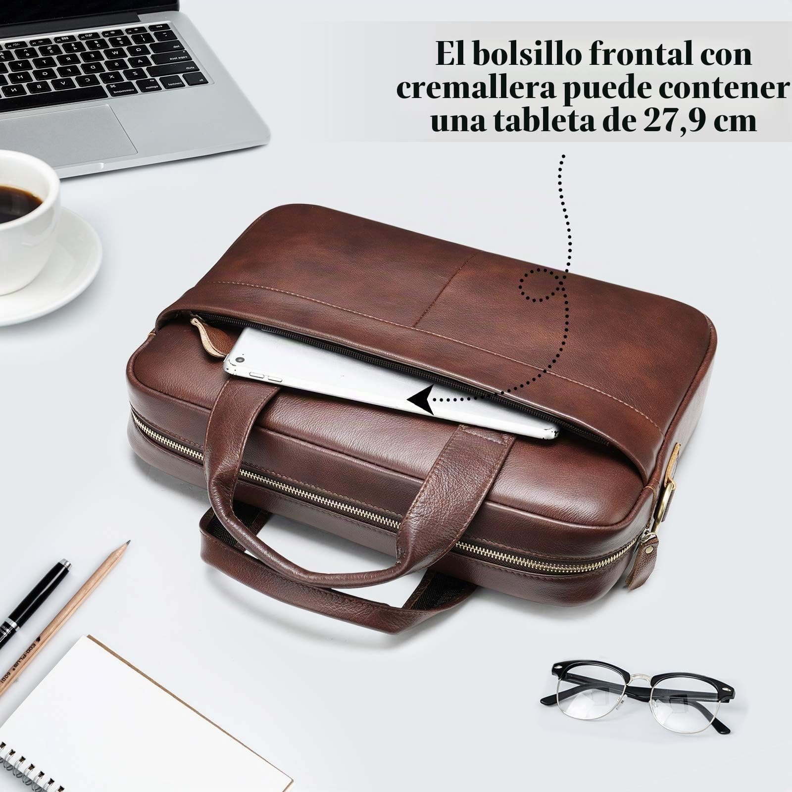 VINBAGGE Maletin Portatil 15,6 pulgadas, Piel Vacuno Genuino Bolso Mensajero con Correa, Maleta Portadocumentos Bandolera de cuero para Hombre Mujer Trabajo Viaje Oficina Universidad