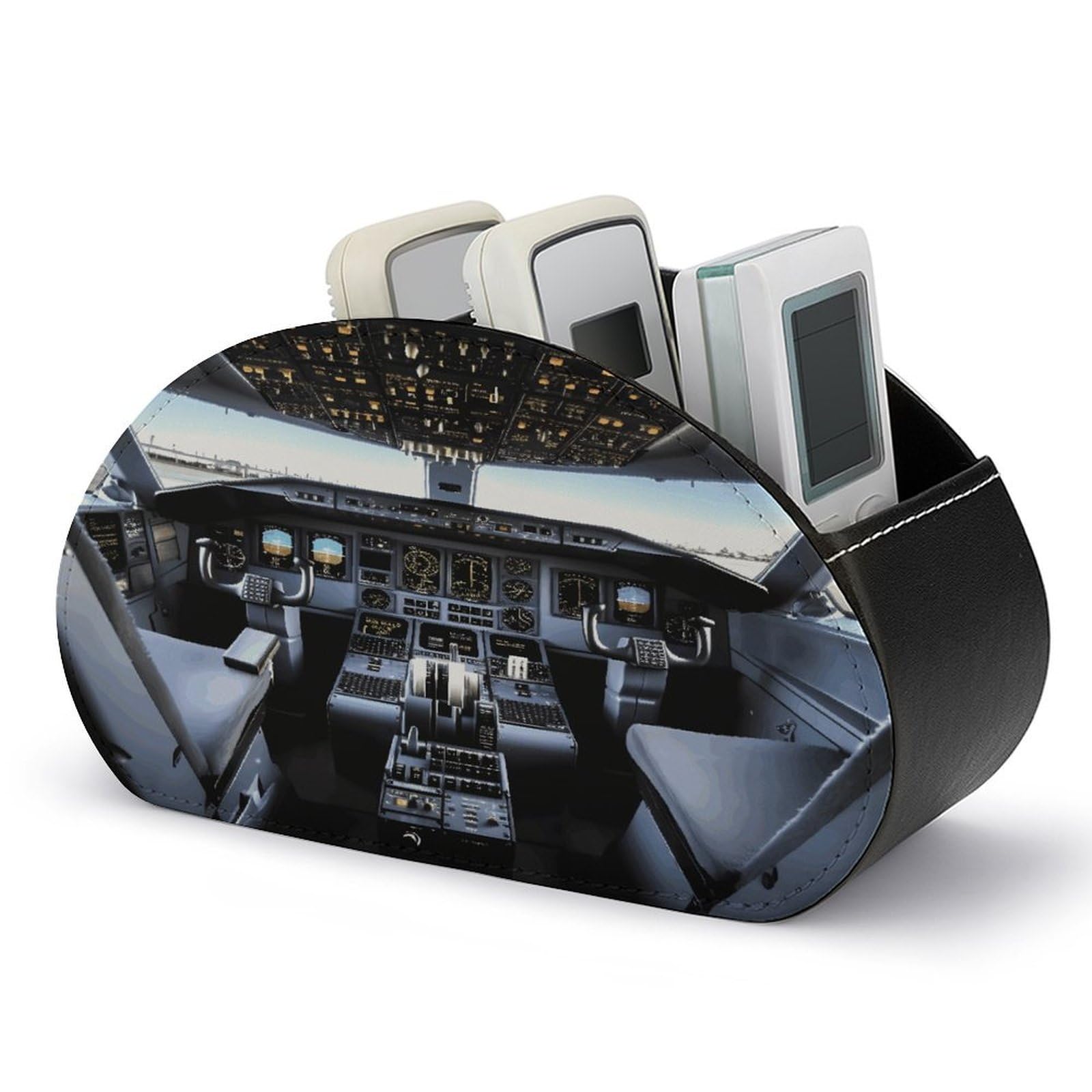 VstaDank Airplane Cockpit Remote Control Holder with 5 Compartments PU Leather Remote Caddy Desktop Organizer Store TV Remote Control Storage Box for Home Office Desk Nightstand