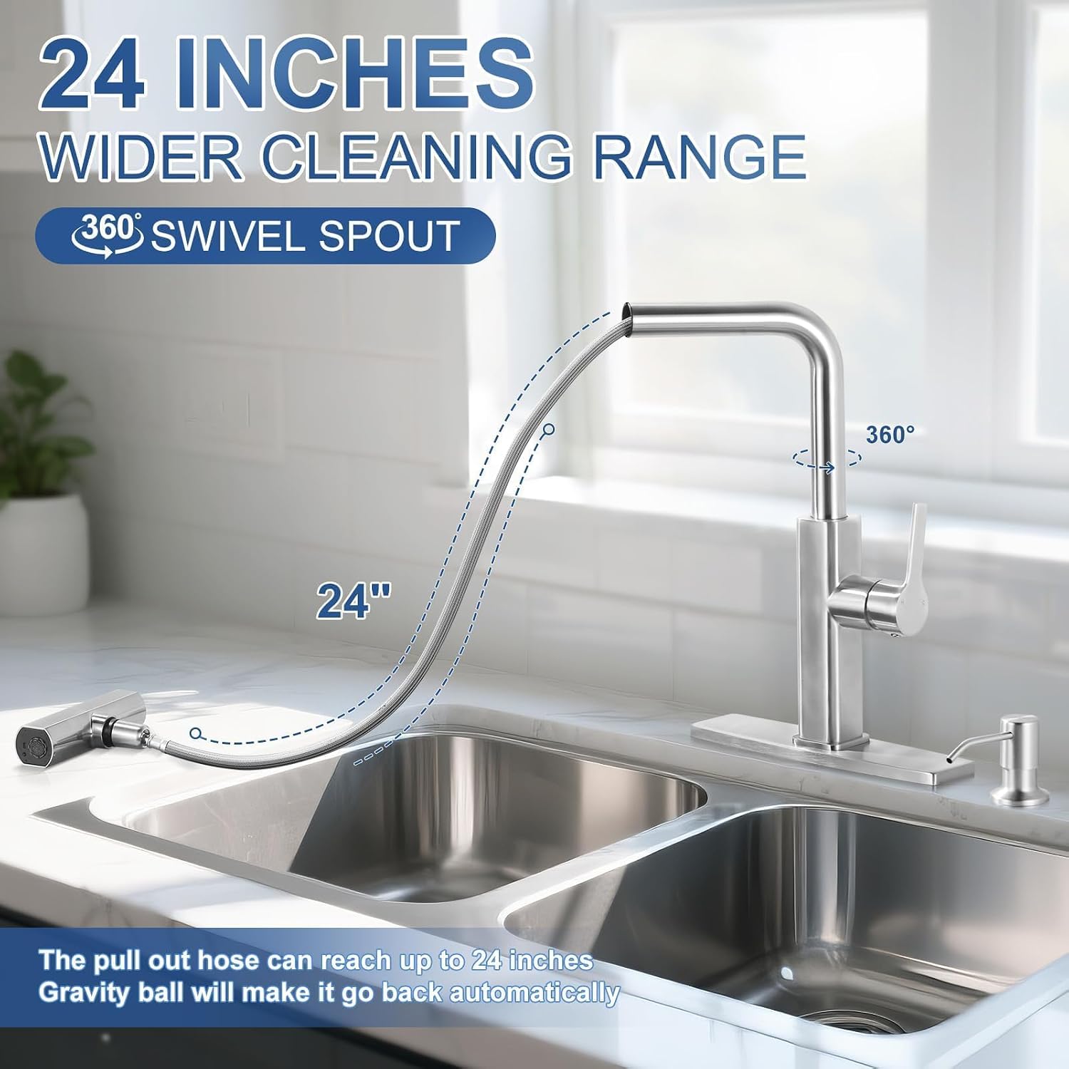 Kitchen Faucet with Pull Down Sprayer: ALEASHA Waterfall Kitchen Sink Faucet with 3 Function Pullout Sprayer, Single Hole for RV/Bar, 360° Swivel Faucets with Spout Soap Dispenser, Brushed Nickel