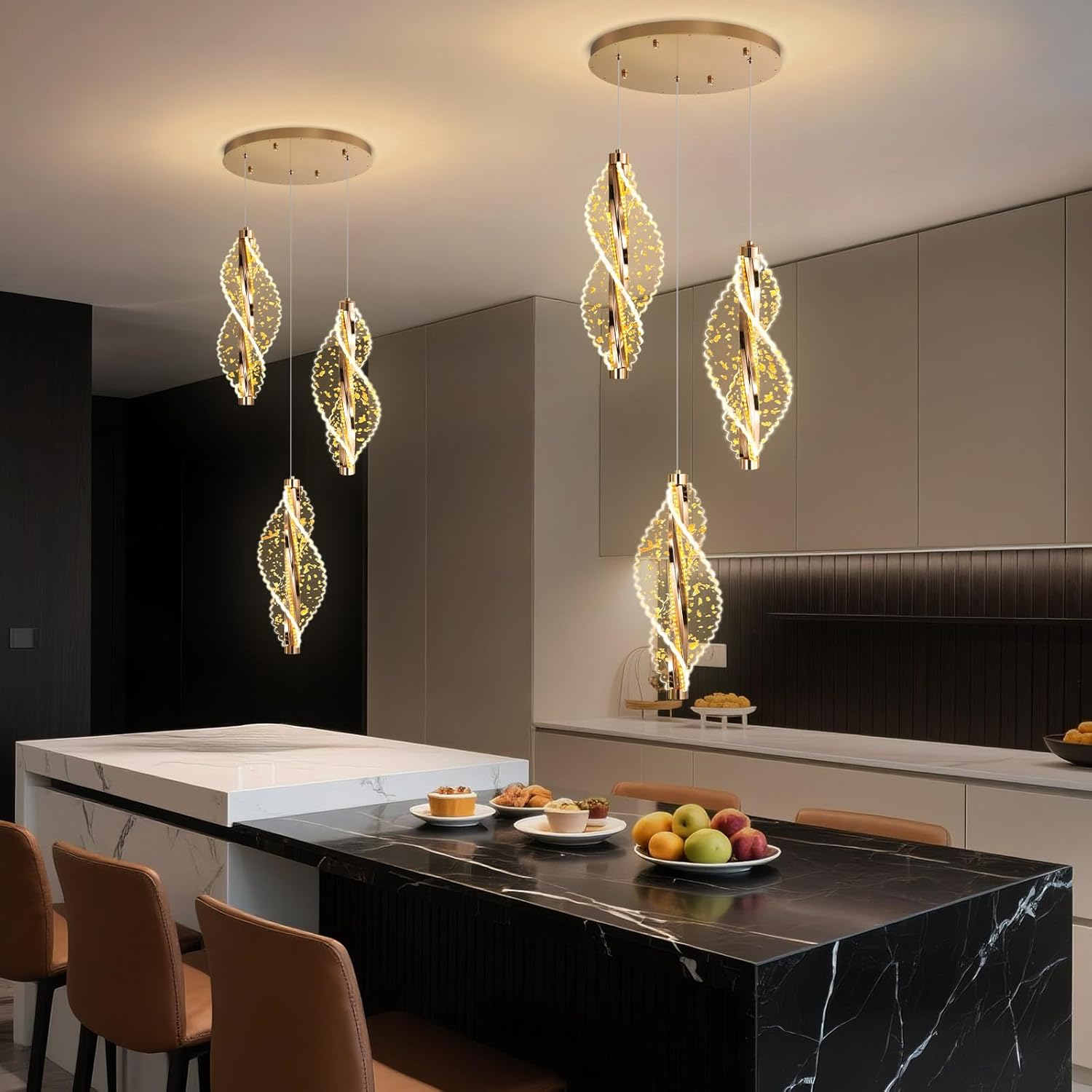 3 Lights Glam Chandelier Modern Gold Pendant Light LED Dimmable Acrylic Chandelier for Kitchen Island Dining Room Living Room