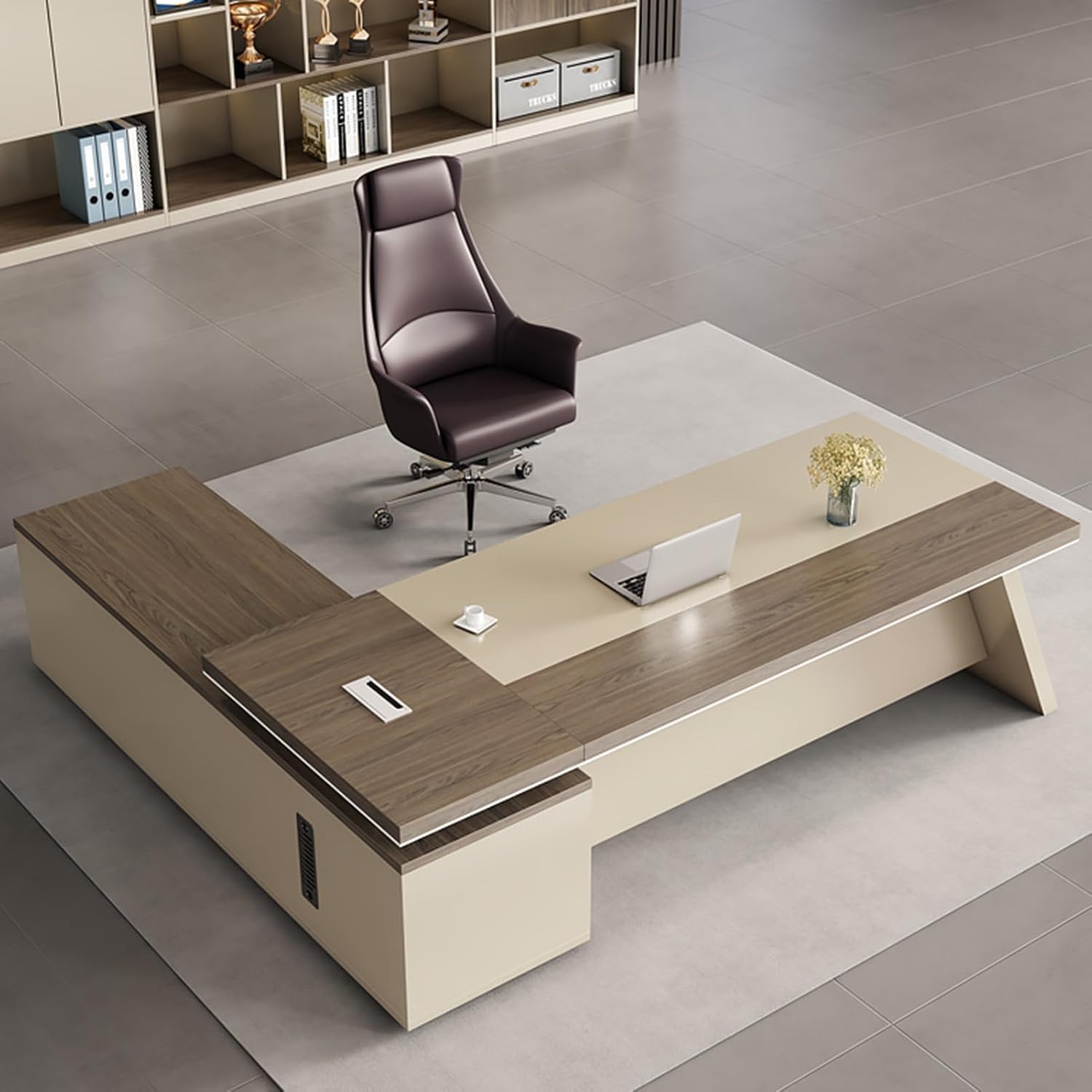 Brown L Shaped Wood Executive Office Desk Computer Desk with Lateral Cabinet Writing Study Table Business Furniture Set