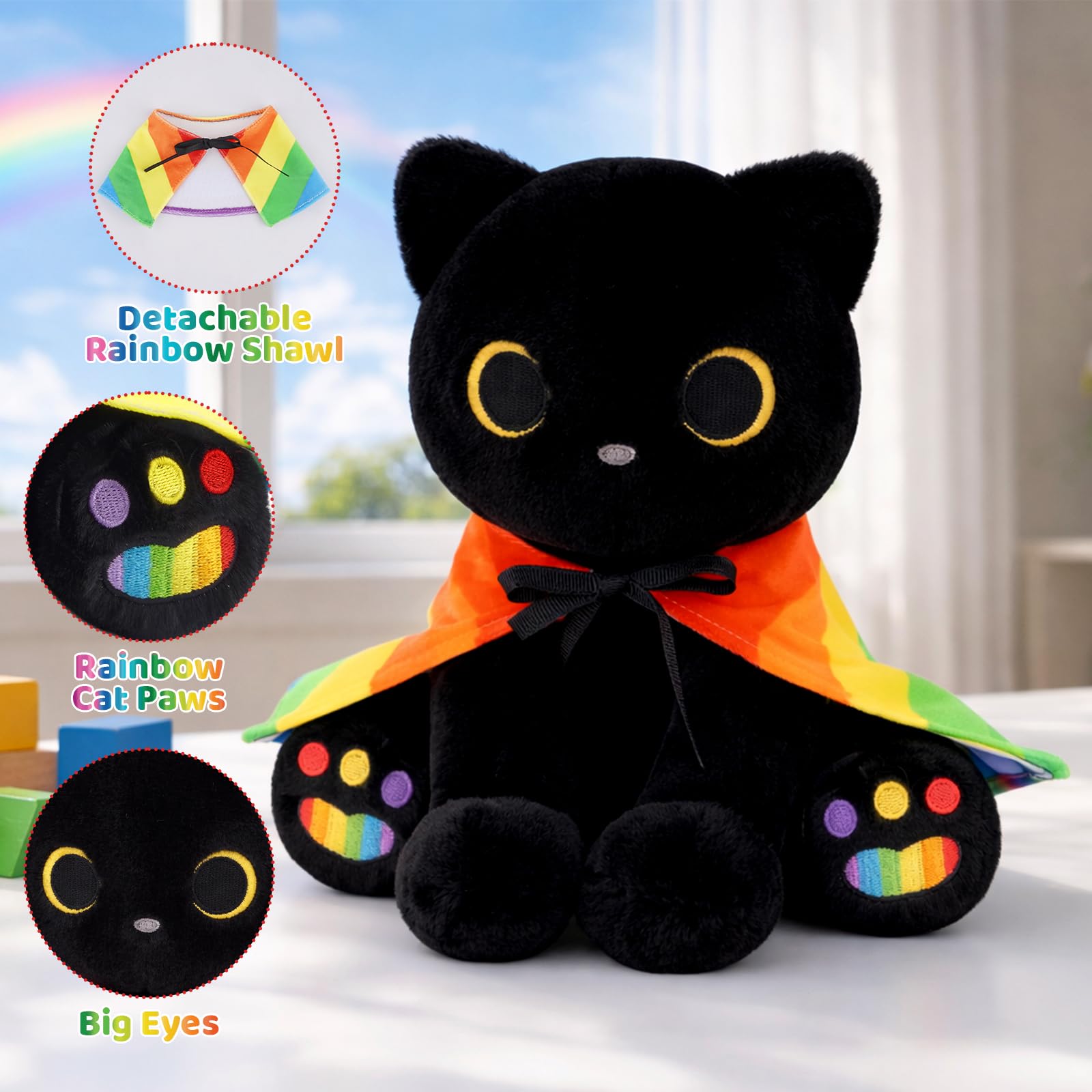 Gatto nero peluche Pride Month Gifts Decor, 20,3 cm carino gatto farcito animale con mantello arcobaleno rimovibile, abbracciabile Kawaii LGBTQ+ regalo per amici, amanti e alleati