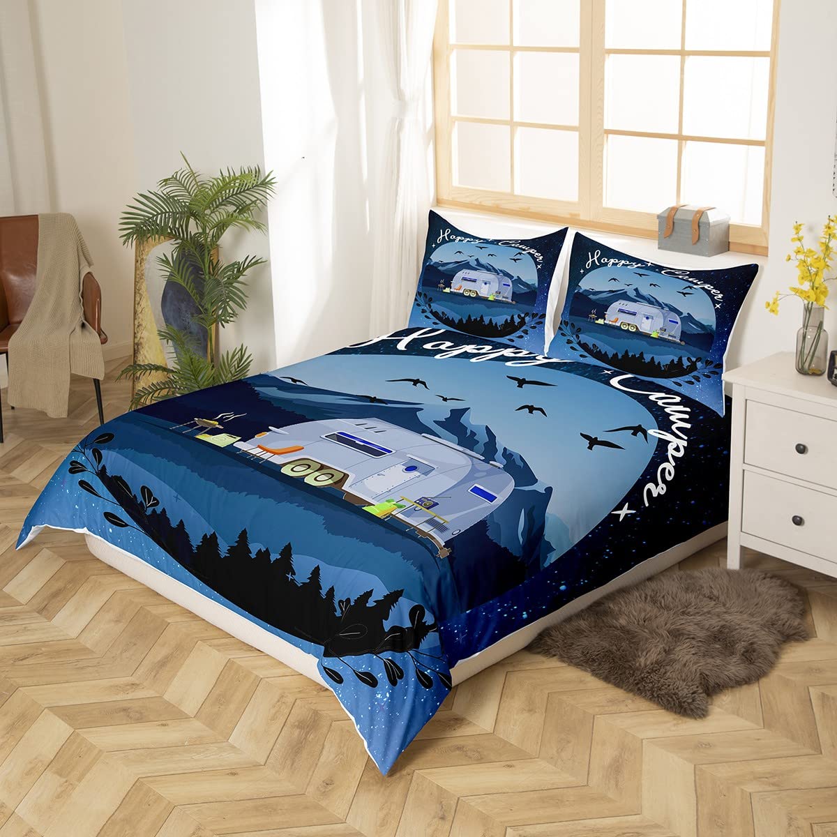 Homewish Happy Camping Juego de funda de edredón para caravana, juego de ropa de cama de noche estrellada súper King, ropa de cama rústica de granja, accesorios de camping, funda de edredón