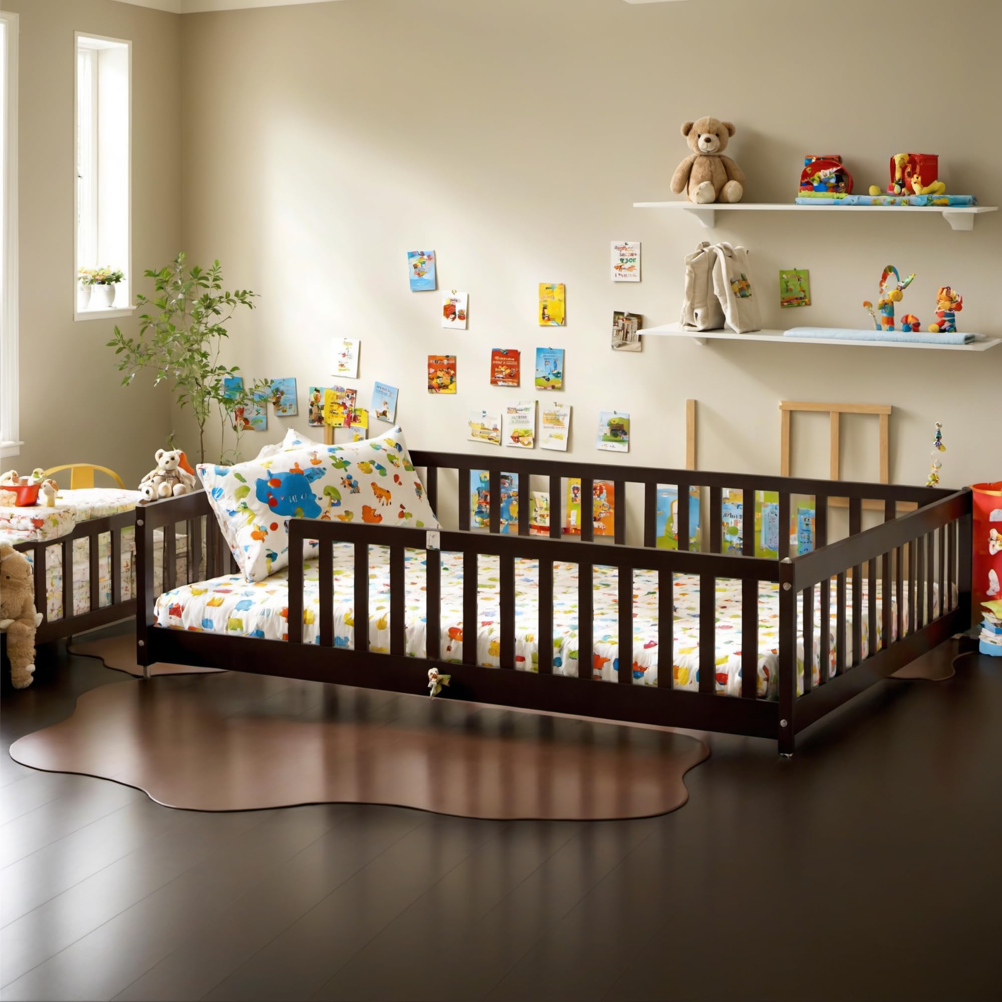 PVWIIK Full Size Floor Bed with Fence and Door,Rubber Wood Floor Bed w/Safety Guardrails/Near The Ground,Easy to Assemble & No Box Spring Needed, Espresso