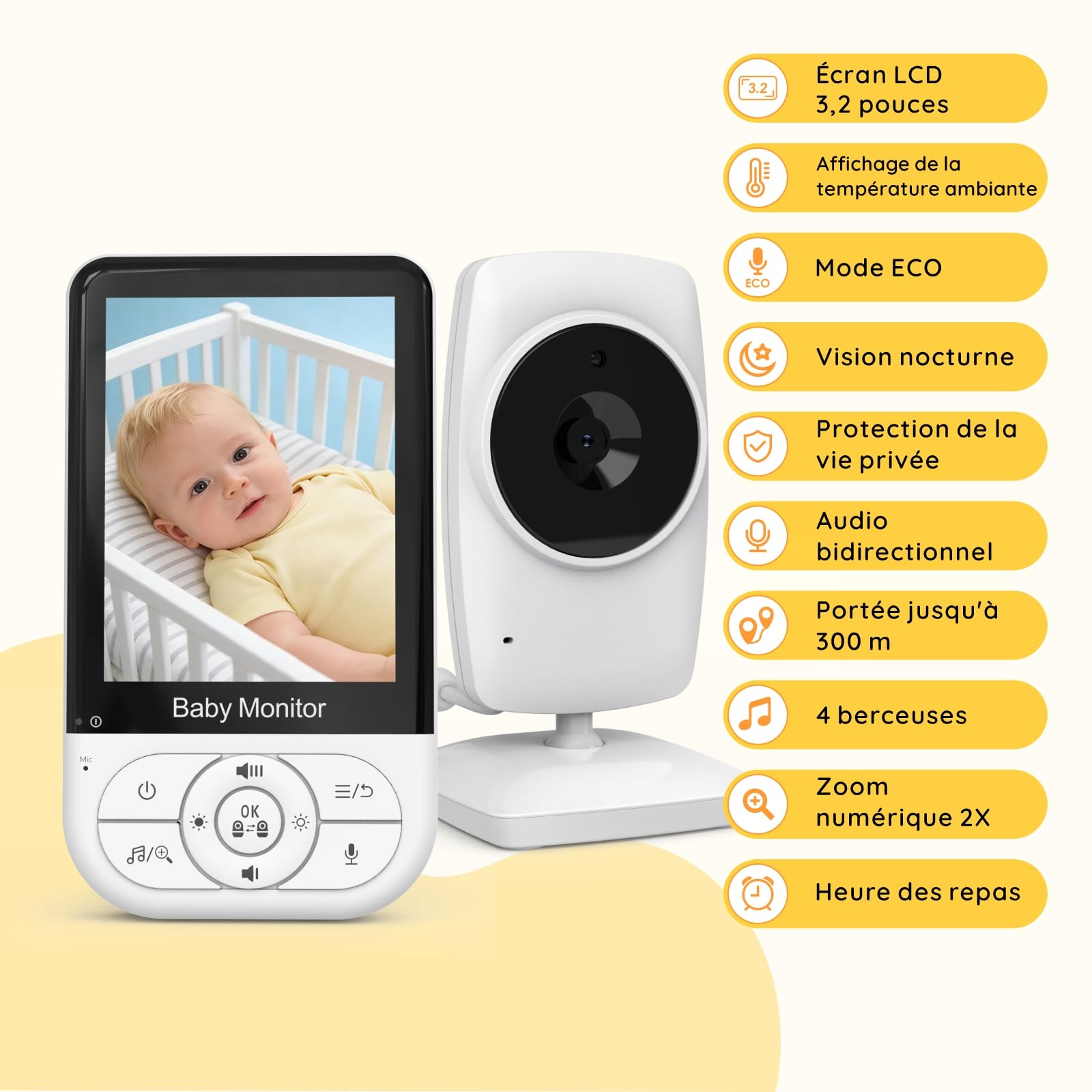 Babystar Babyphone caméra,3.2 Pouces écran LCD Moniteur bébé avec caméra et Vision Nocturne, Mode ECO, Audio bidirectionnel, capteur de température, Rappel d'alimentation, 4 berceuses