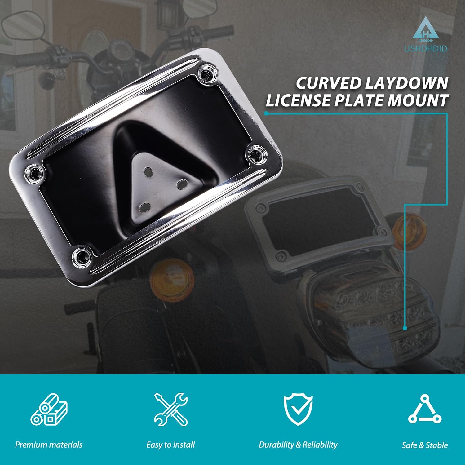 9171 Curved Laydown License Plate Mount with Frame Compatible with Harley Davidson 3 Hole Mount (Silver)