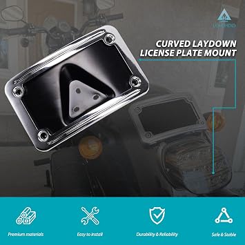 9171 Curved Laydown License Plate Mount with Frame Compatible with Harley Davidson 3 Hole Mount (Silver)