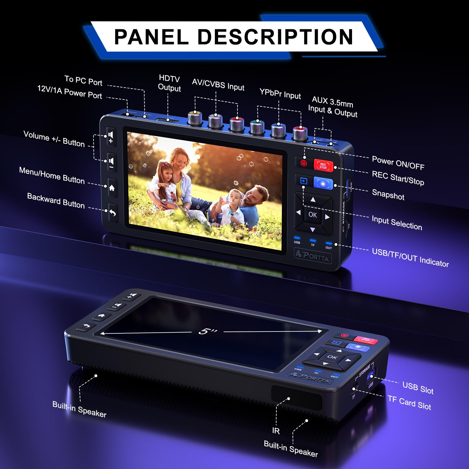 PORTTA Convertitore VHS a digitale con schermo HD da 5", registratore di acquisizione video, converte in MP4 compatibile con VHS, VCR, DVR, DVD, Hi8, videocamere (nastri/lettore DVD non inclusi)