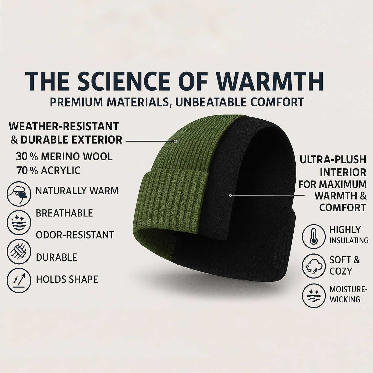 Plus Size Fleece Lined Beanie Hat - M/L/XL/XXL Merino Wool Beanie Hat for Men - Large Winter Hat Ski Skull Cap for Big Heads - Image 3