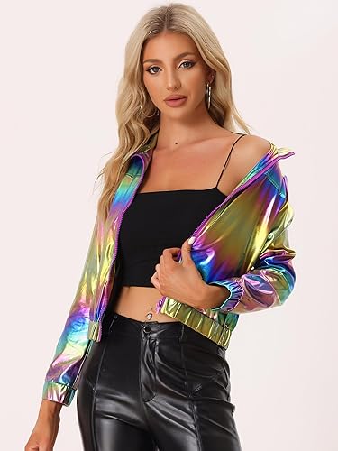 Miniatura 2 de Allegra K Chaqueta metálica holográfica brillante para mujer, manga larga, ligera, con cremallera