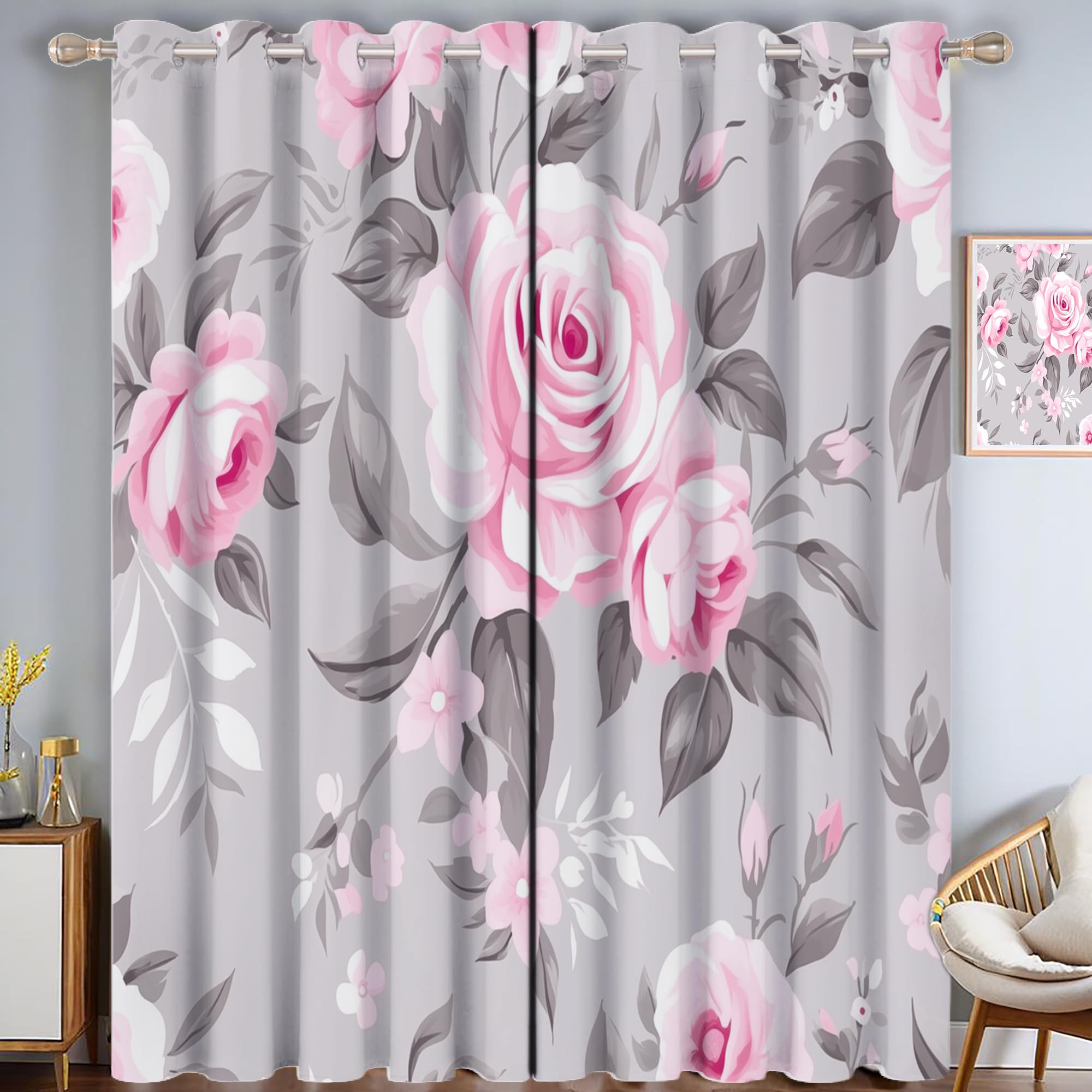 Rideaux avec motif rose fleurs pour bloquer la lumiere et le froid hivernal