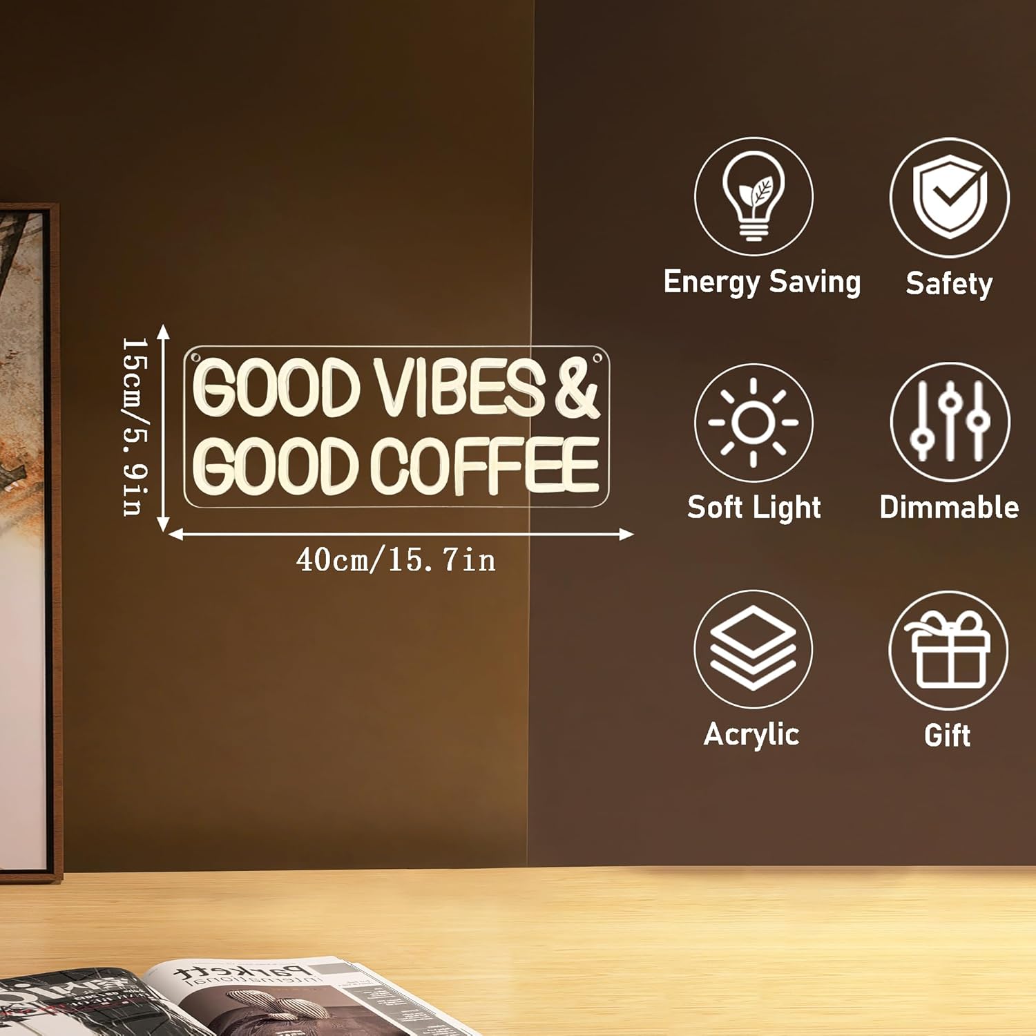 Mutank Coffee Neon Sign, Good Vibes Good Coffee Neon Light USB Powered LED Dimmable, for Coffeer Bar Offices and Home Cafes Modern Welcome Open Sign(15.7 * 5.9 In)