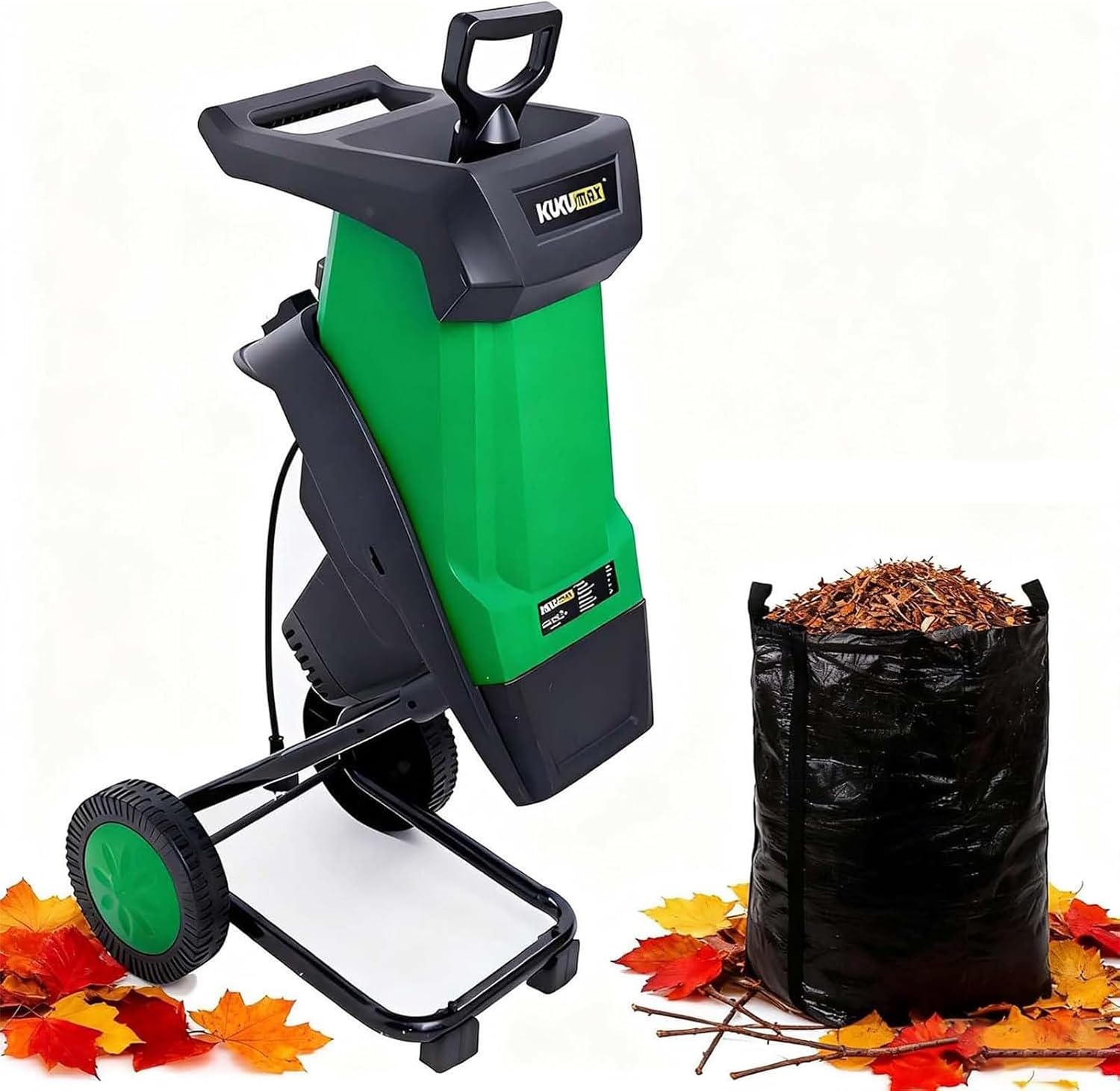 Powerful 2400W Electric Wood Chipper Garden Shredder with 50L Collection Bag, 40mm Branch Cutting Capacity, Quiet Leaf Mulcher for Composting and Yard Waste, Portable Wheels for Easy Use